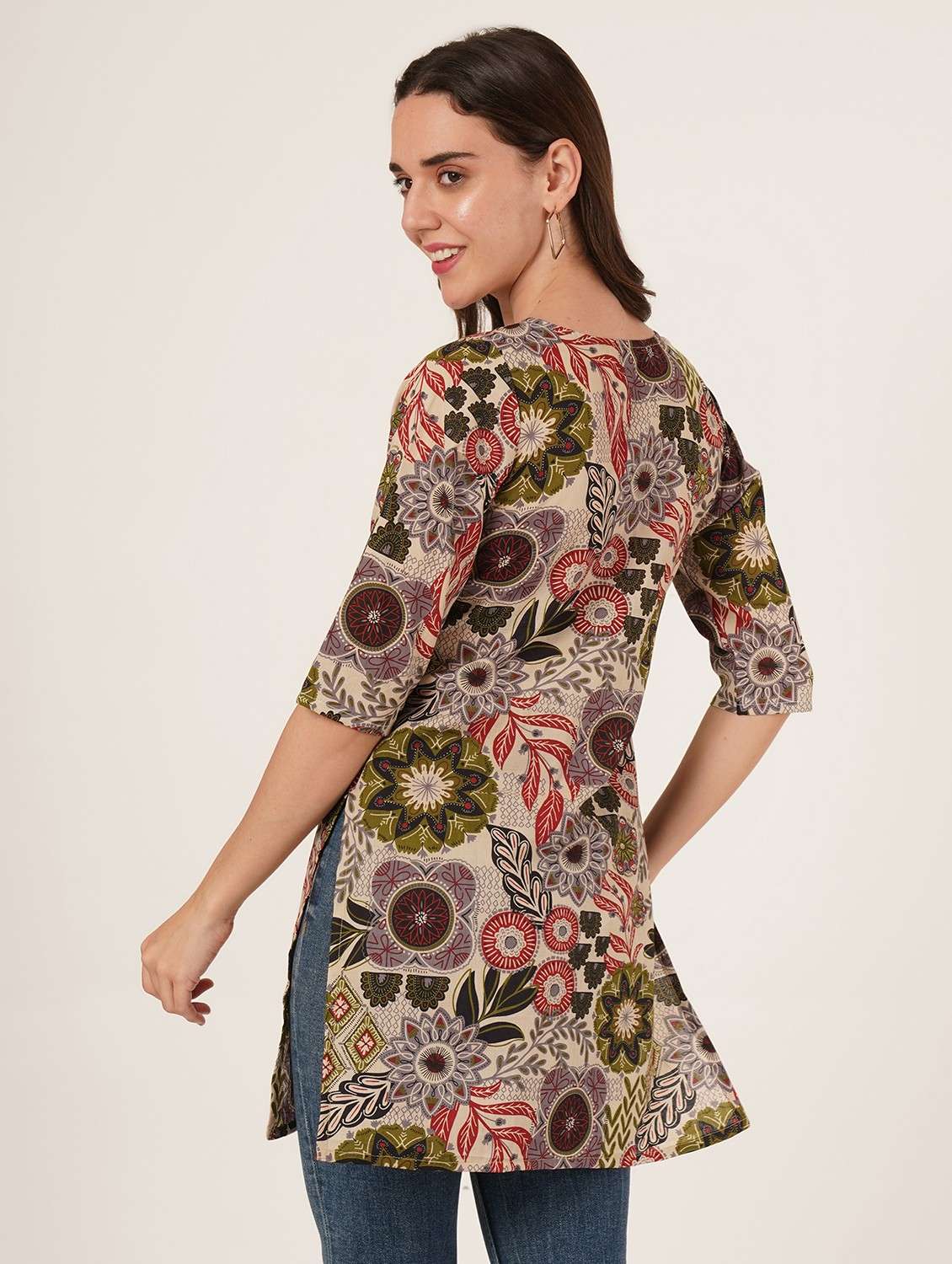 women printed three quarter sleeve straight kurti - 22084072 - Standard Image - 2