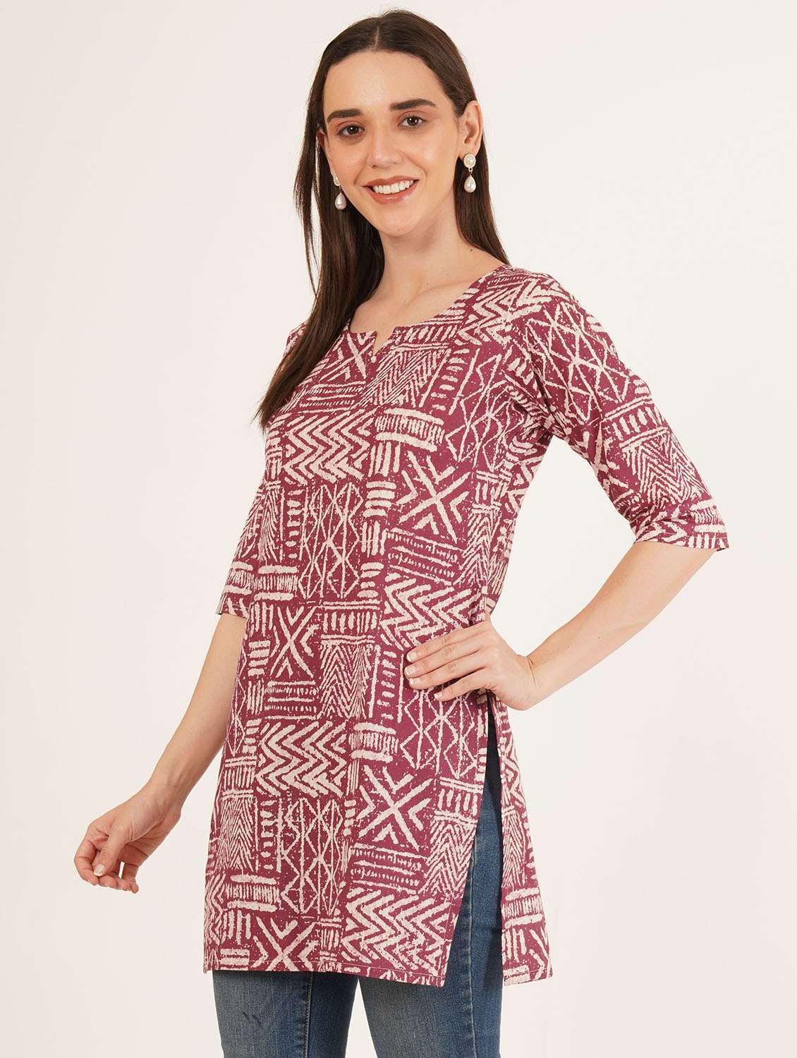 women printed three quarter sleeve straight kurti - 22084079 -  Standard Image - 2