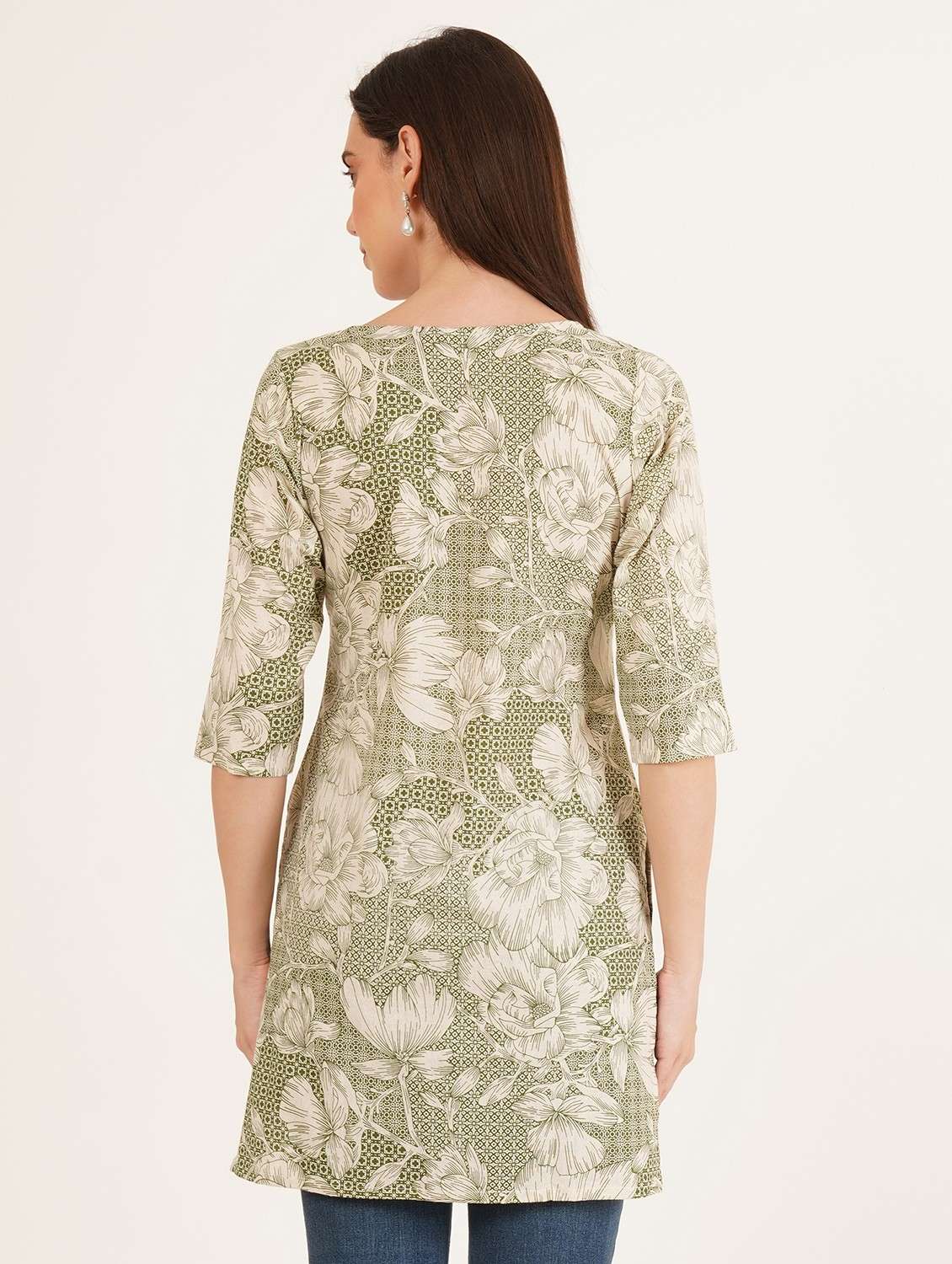 women floral printed three quarter sleeve straight kurti - 22084080 -  Standard Image - 2