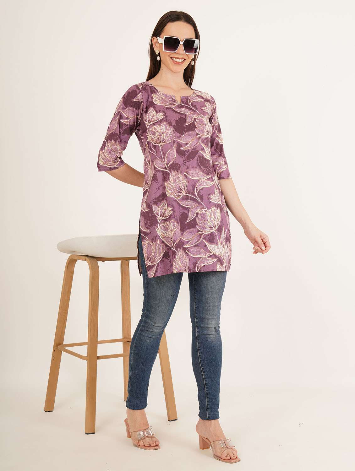women floral printed three quarter sleeve straight kurti - 22084083 -  Standard Image - 2