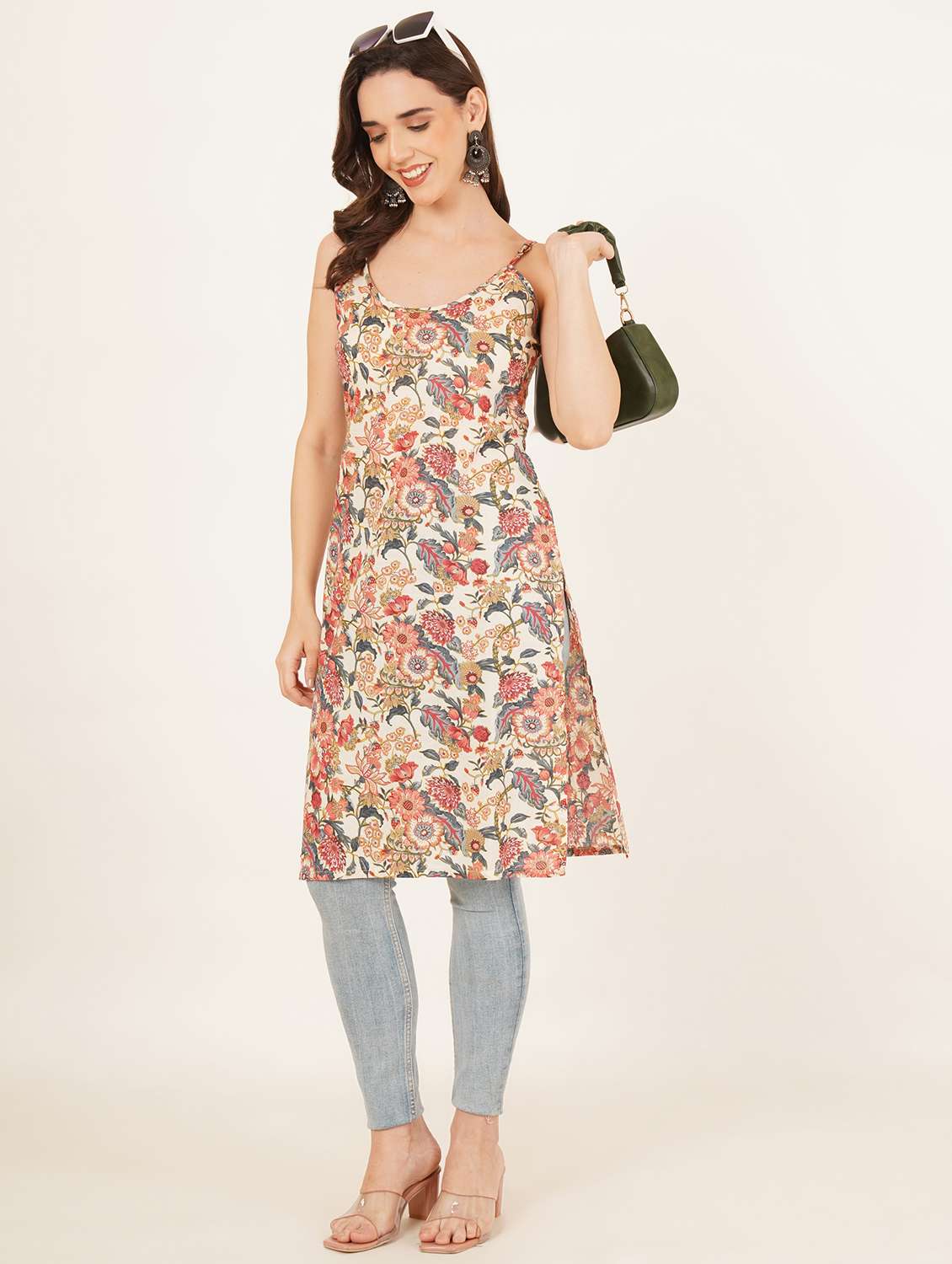 women floral printed shoulder strap straight kurti - 22084086 - Standard Image - 7
