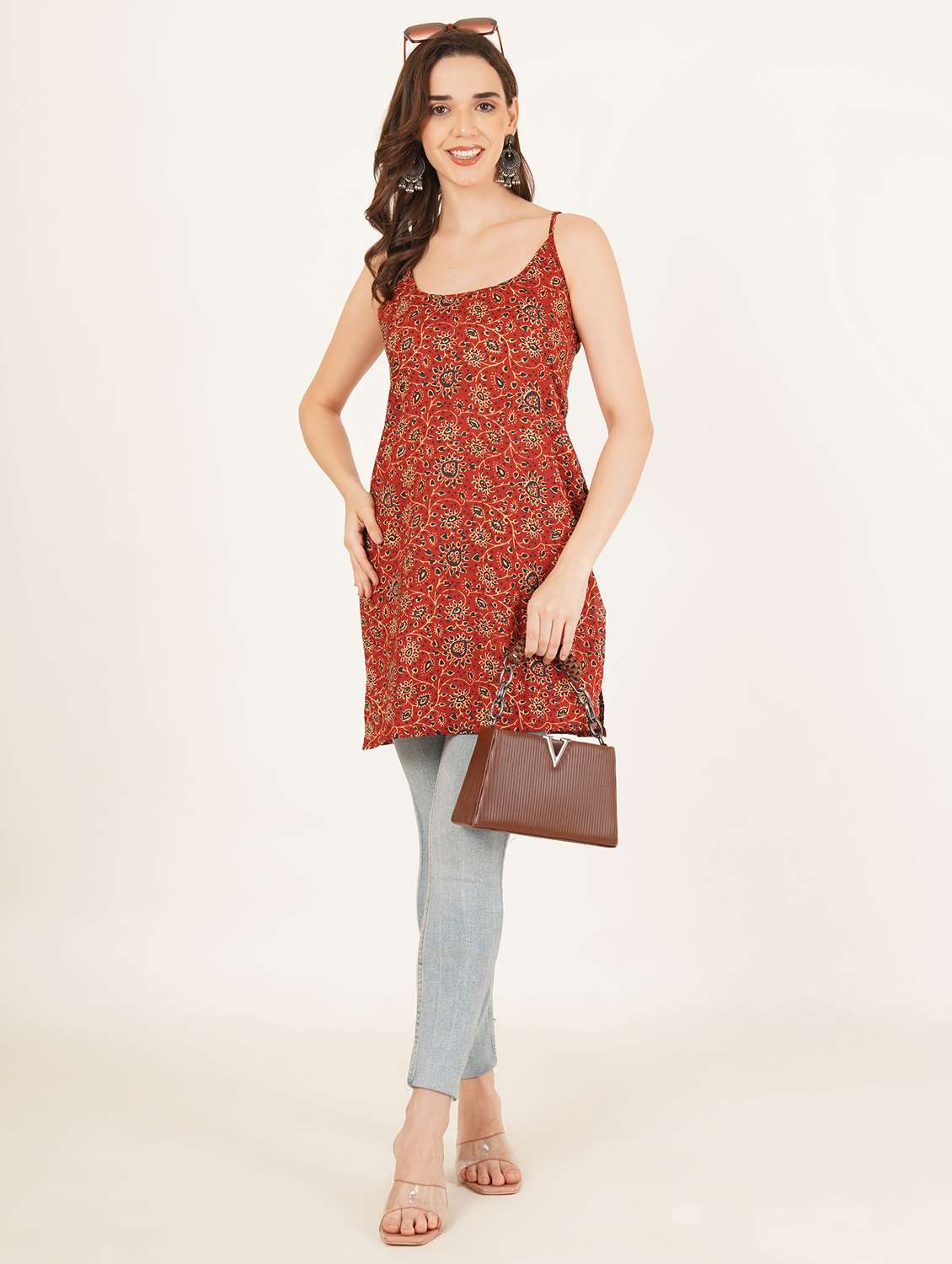 women printed shoulder strap straight kurti - 22084092 - Standard Image - 7