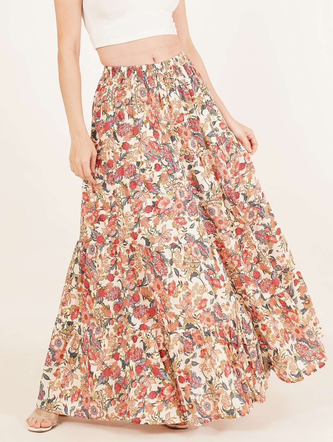 women printed high rise tiered skirt