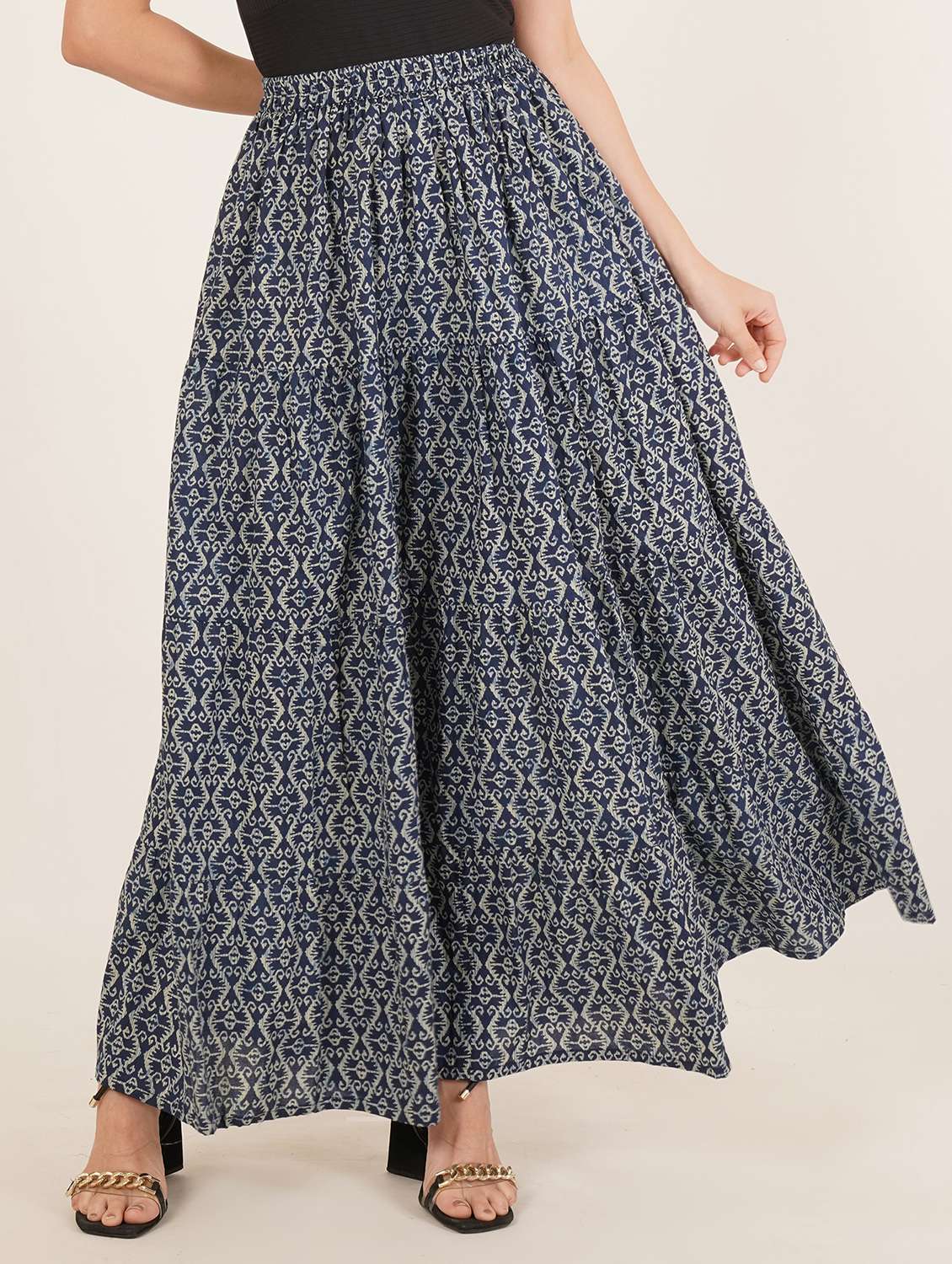 women printed high rise tiered skirt