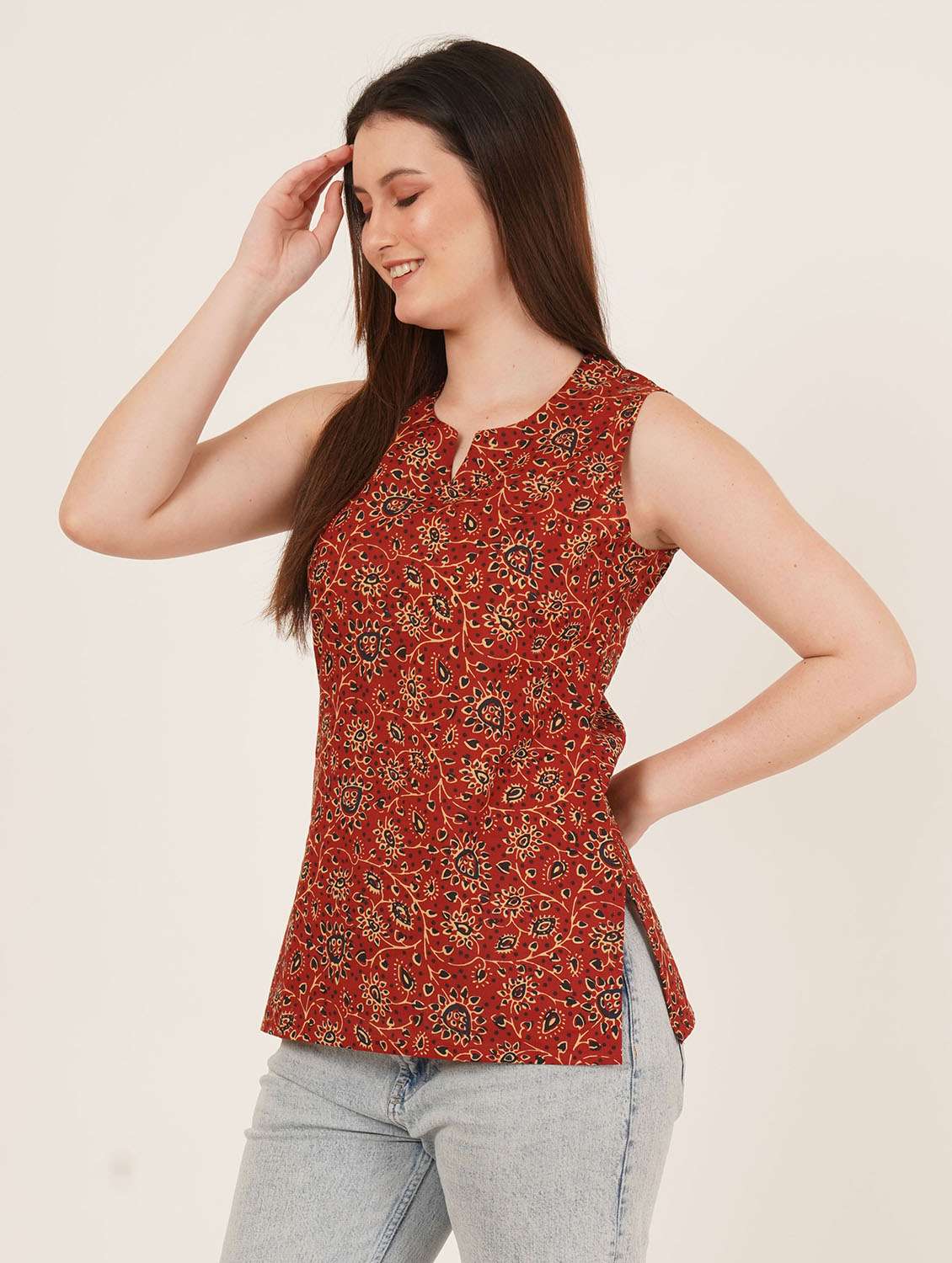 women printed sleeveless straight kurti - 22084119 -  Standard Image - 2