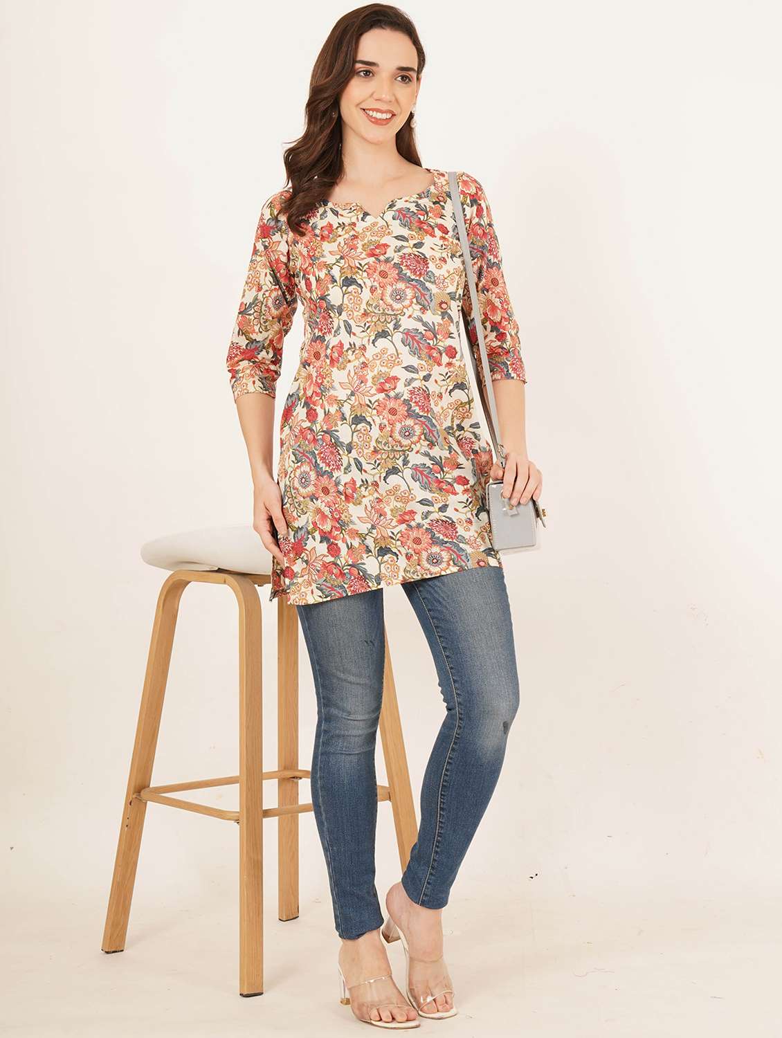 women floral printed three quarter sleeve straight kurti - 22084131 - Standard Image - 7