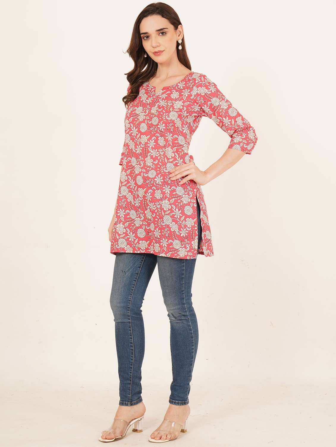 women floral printed three quarter sleeve straight kurti - 22084132 - Standard Image - 7