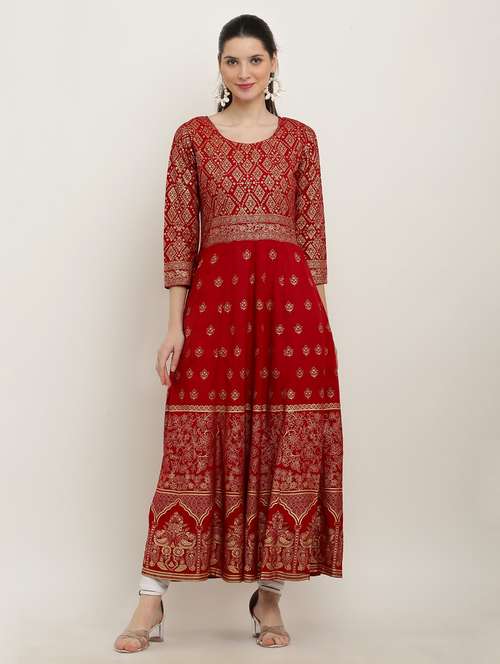 women printed three quarter sleeve flared kurta - 22084134 - Standard Image - 0