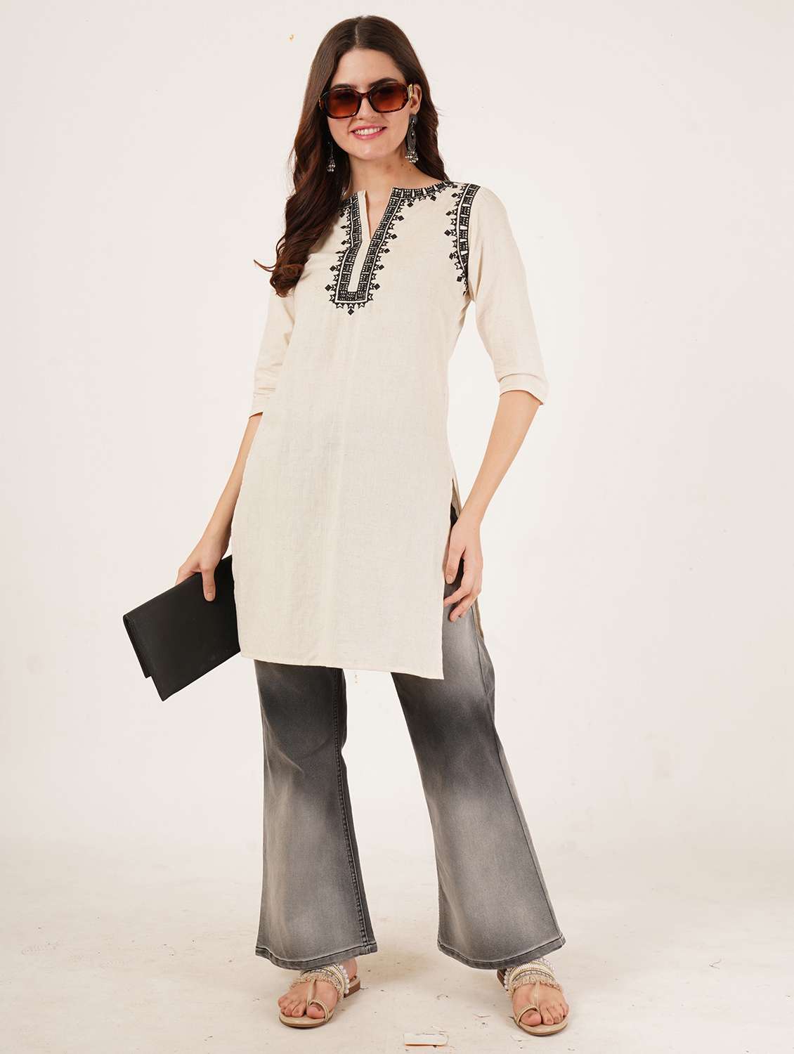 women embroidered three quarter sleeve straight kurti - 22084136 - Standard Image - 7
