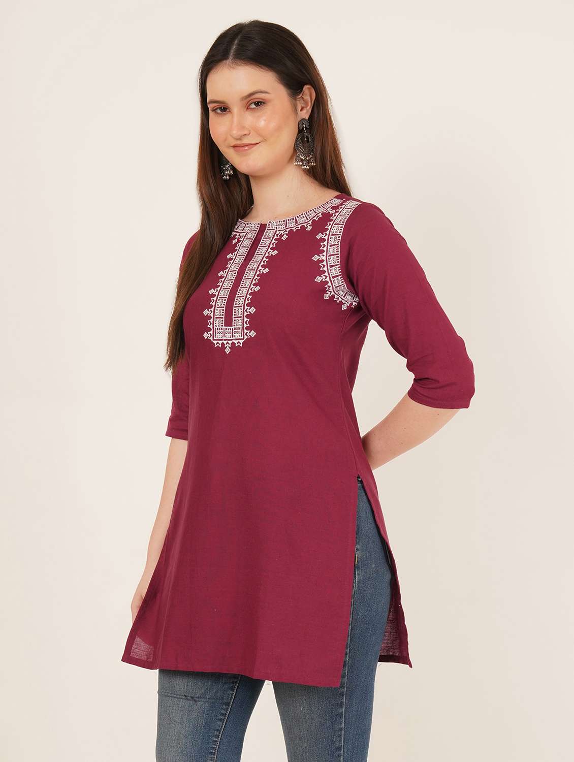 women embroidered three quarter sleeve straight kurti