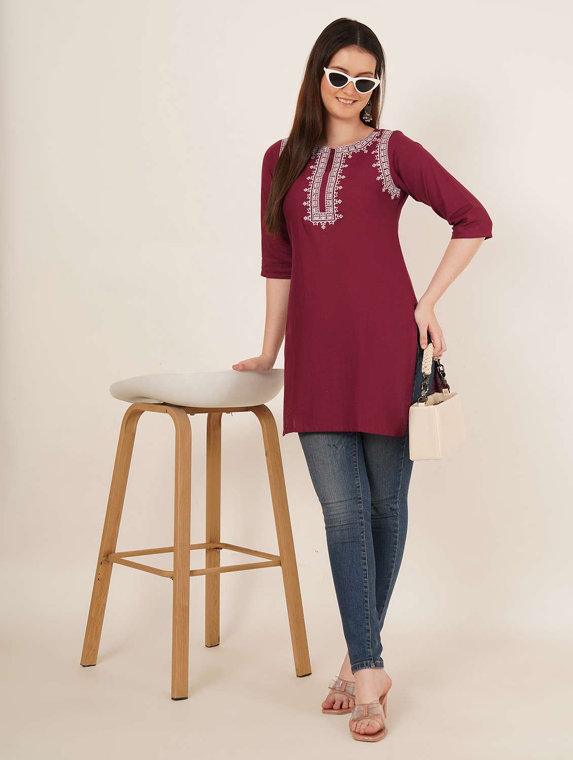 women embroidered three quarter sleeve straight kurti - 22084138 - Standard Image - 2