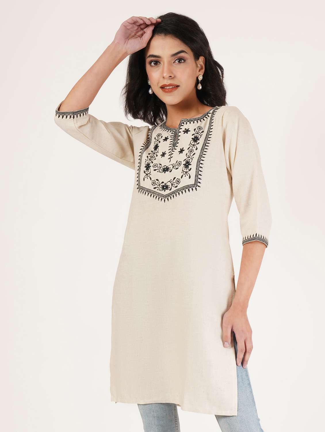 women embroidered three quarter sleeve straight kurti