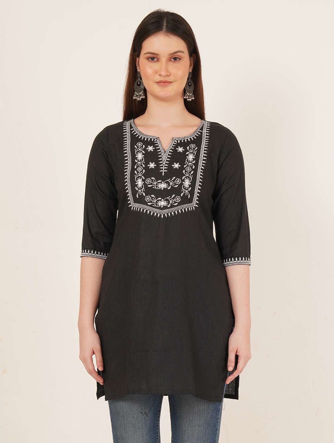 women embroidered three quarter sleeve straight kurti - 22084140 - Zoom Image - 0