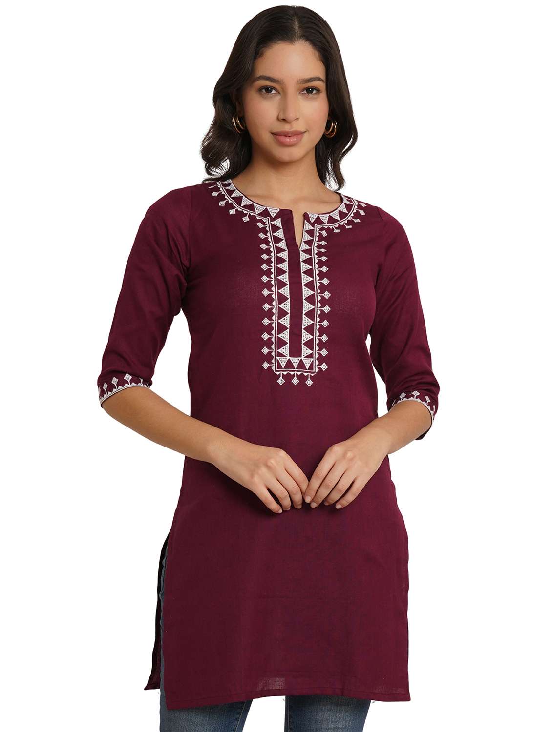 women embroidered three quarter sleeve straight kurti
