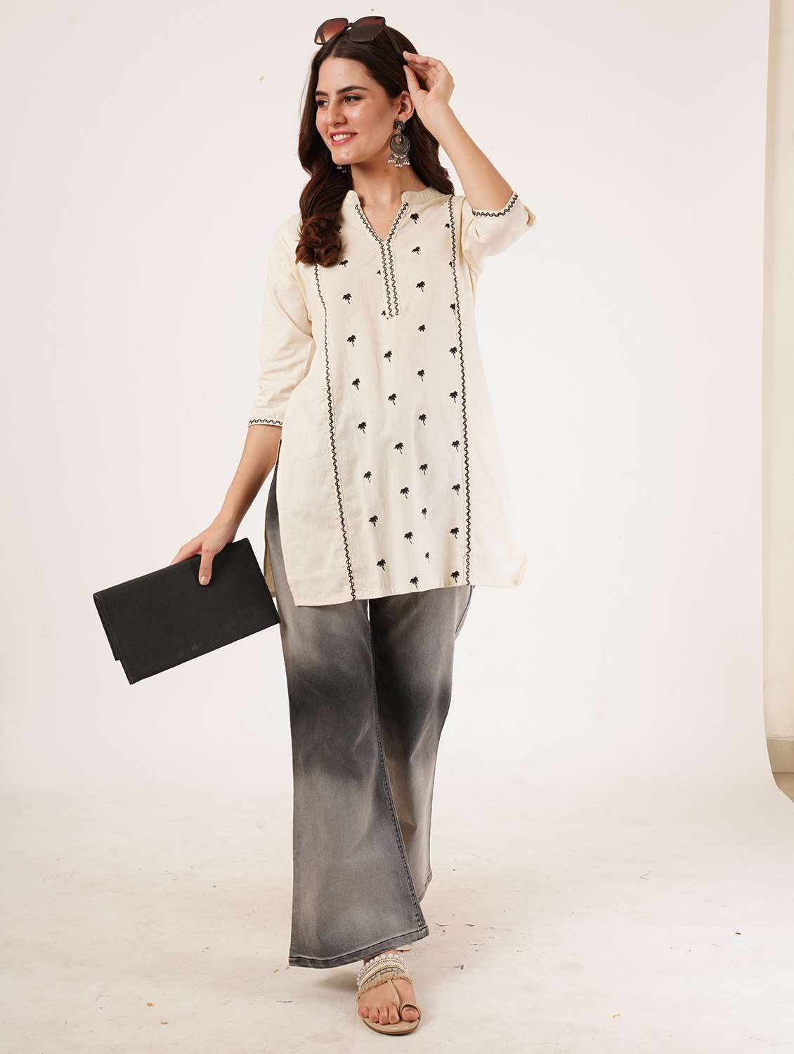 women embroidered three quarter sleeve straight kurti - 22084145 - Standard Image - 7