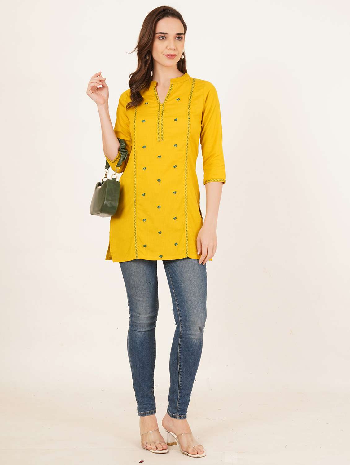 women embroidered three quarter sleeve straight kurti