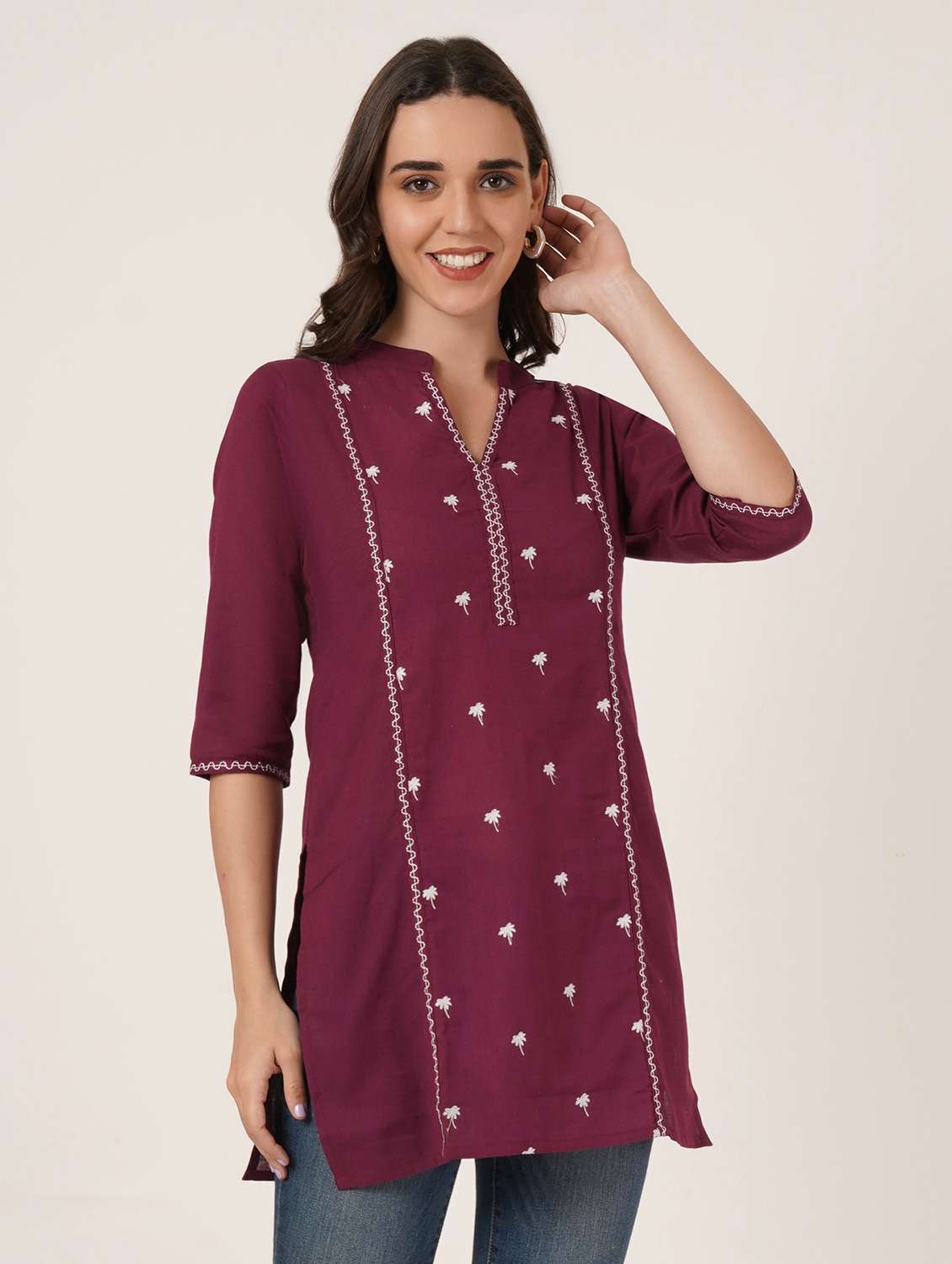 women embroidered three quarter sleeve straight kurti