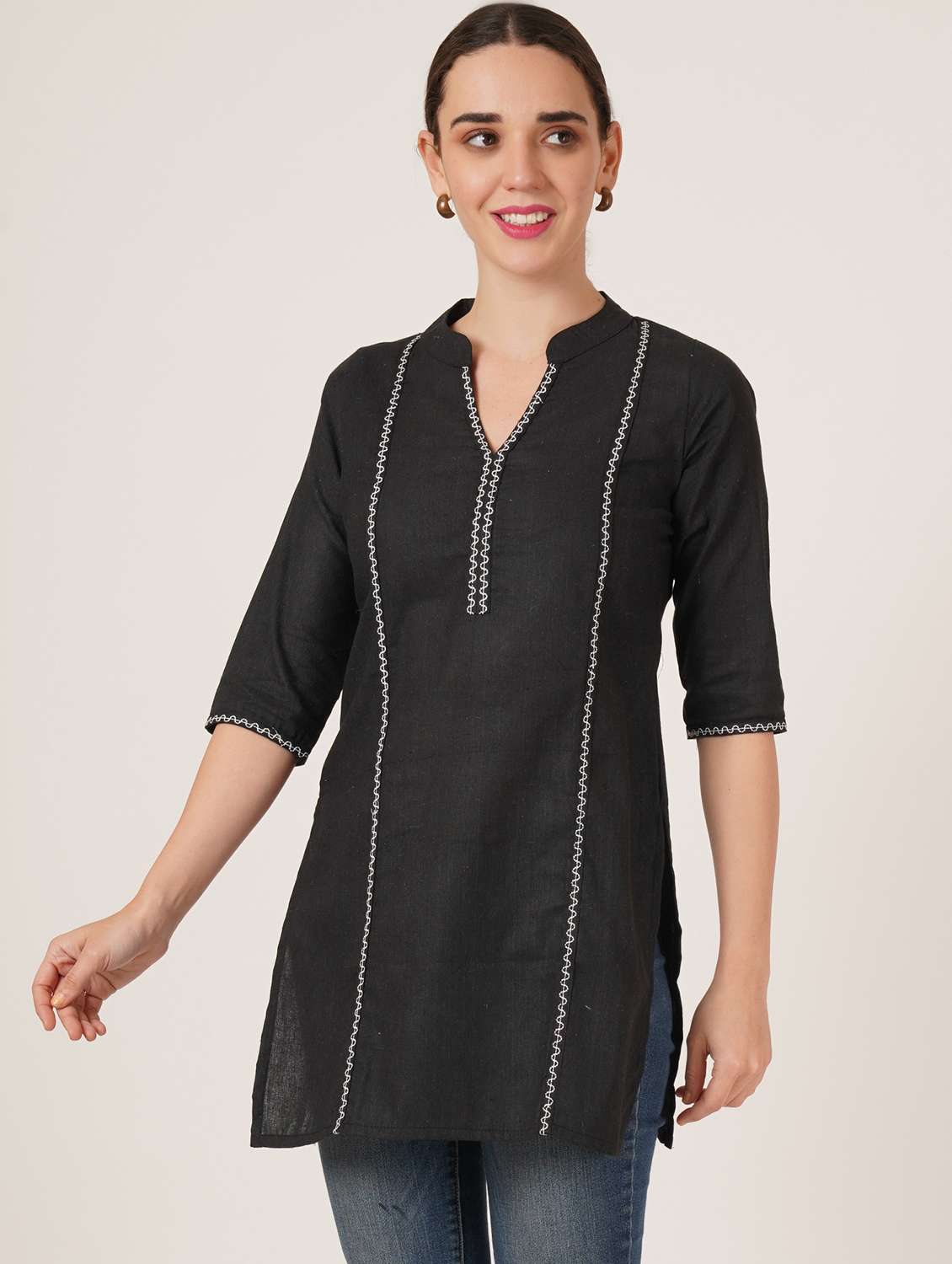 women embroidered three quarter sleeve straight kurti - 22084154 -  Standard Image - 2