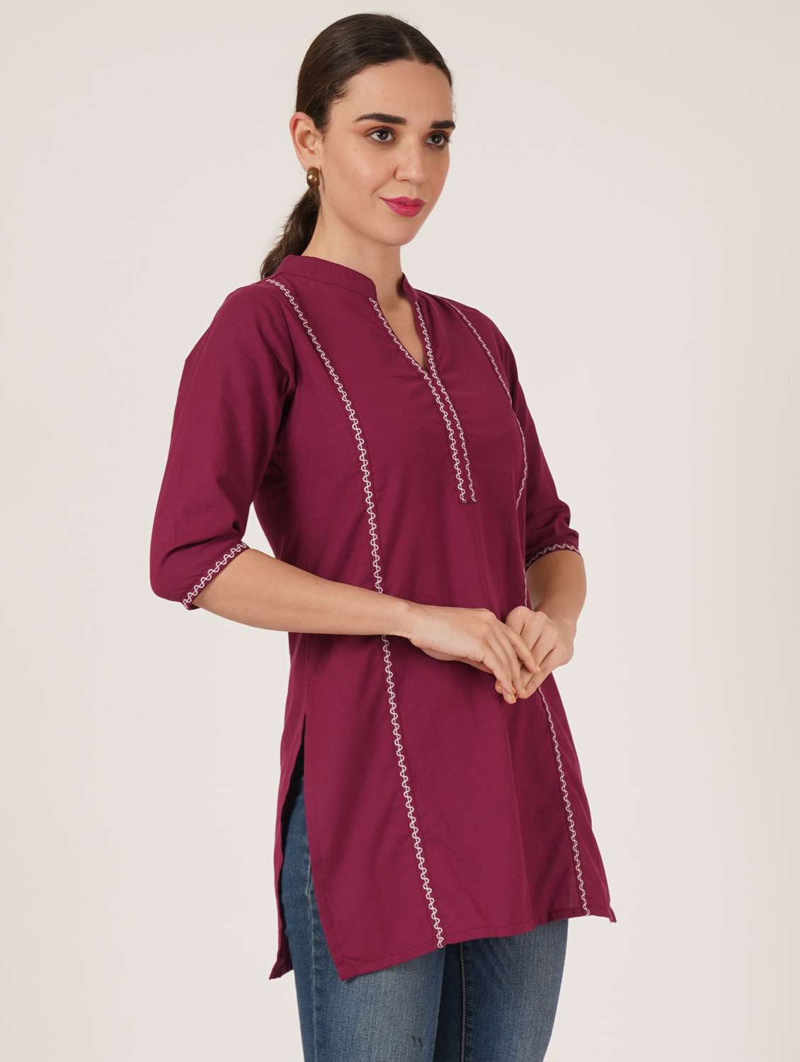 women embroidered three quarter sleeve straight kurti - 22084155 -  Standard Image - 2
