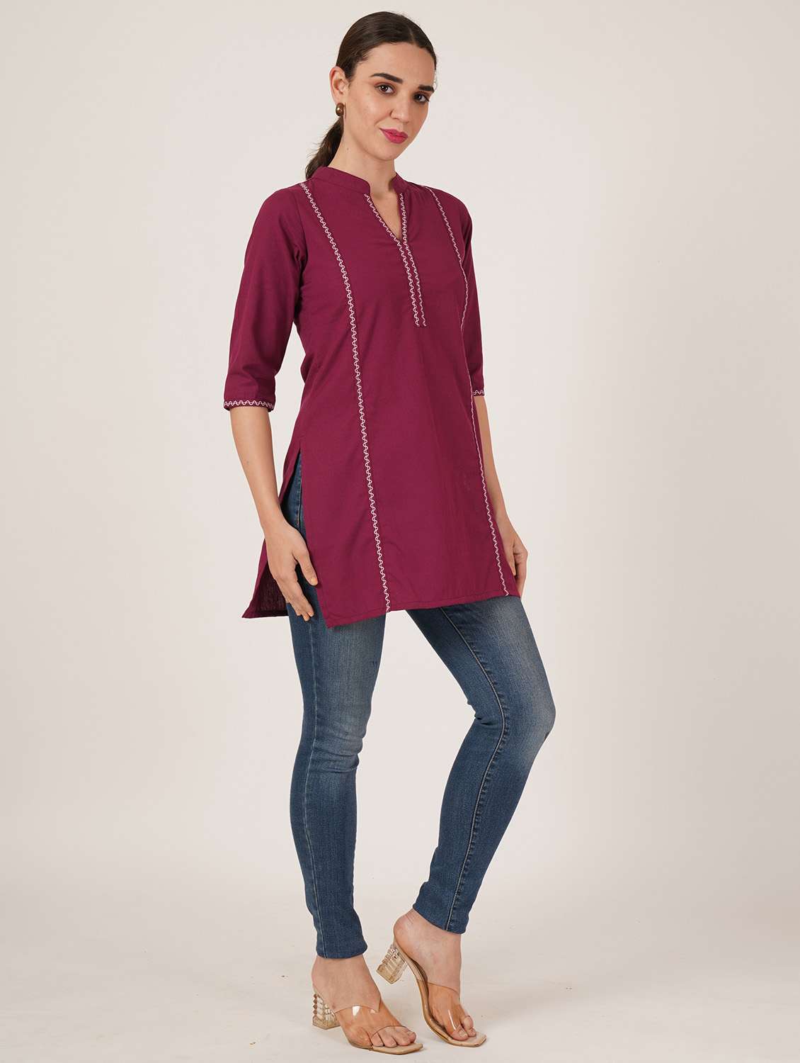 women embroidered three quarter sleeve straight kurti - 22084155 -  Standard Image - 7