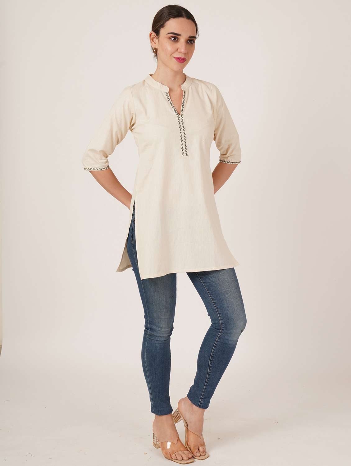 women embroidered three quarter sleeve straight kurti - 22084156 -  Standard Image - 2