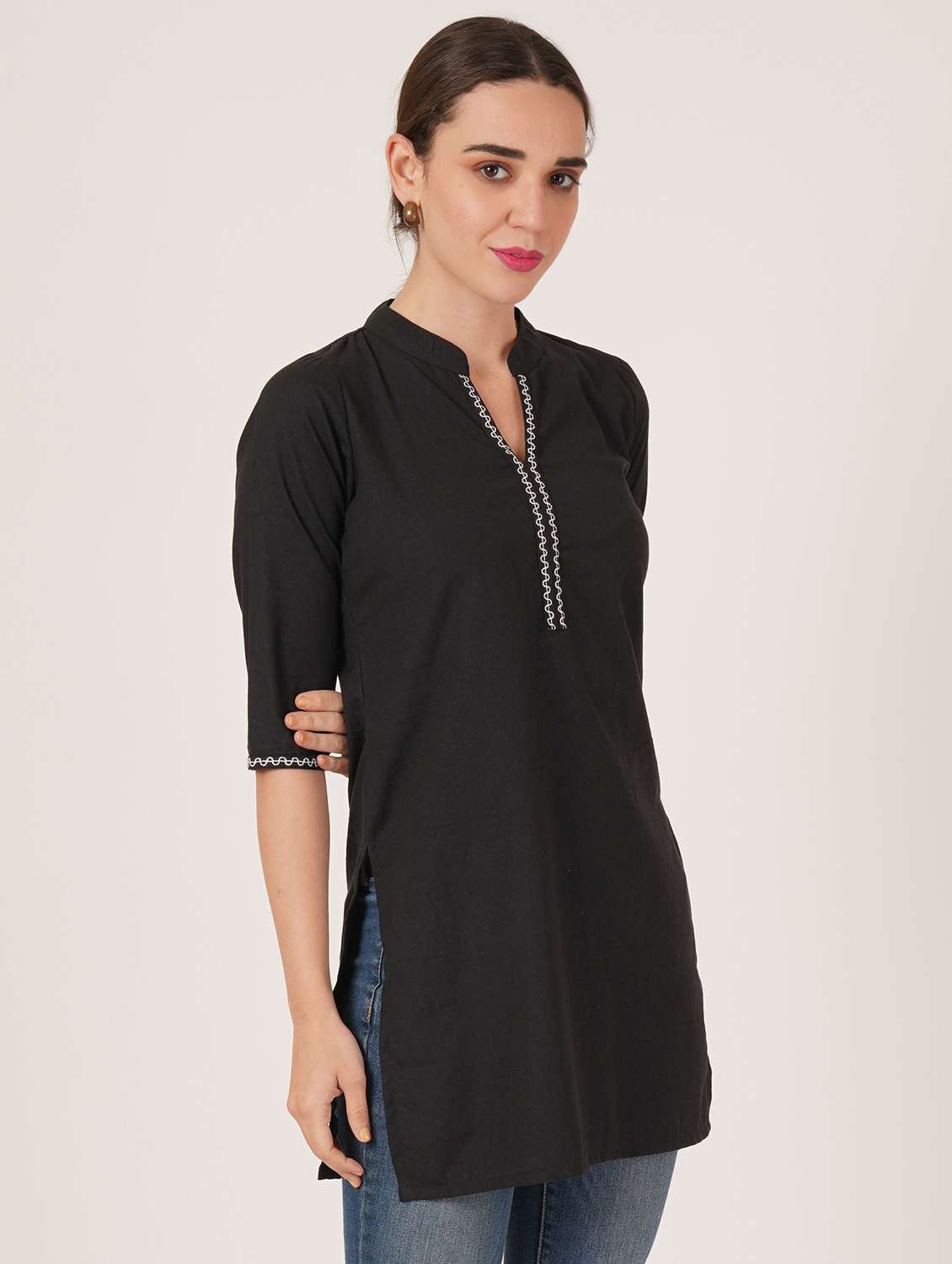 women embroidered three quarter sleeve straight kurti - 22084157 -  Standard Image - 2