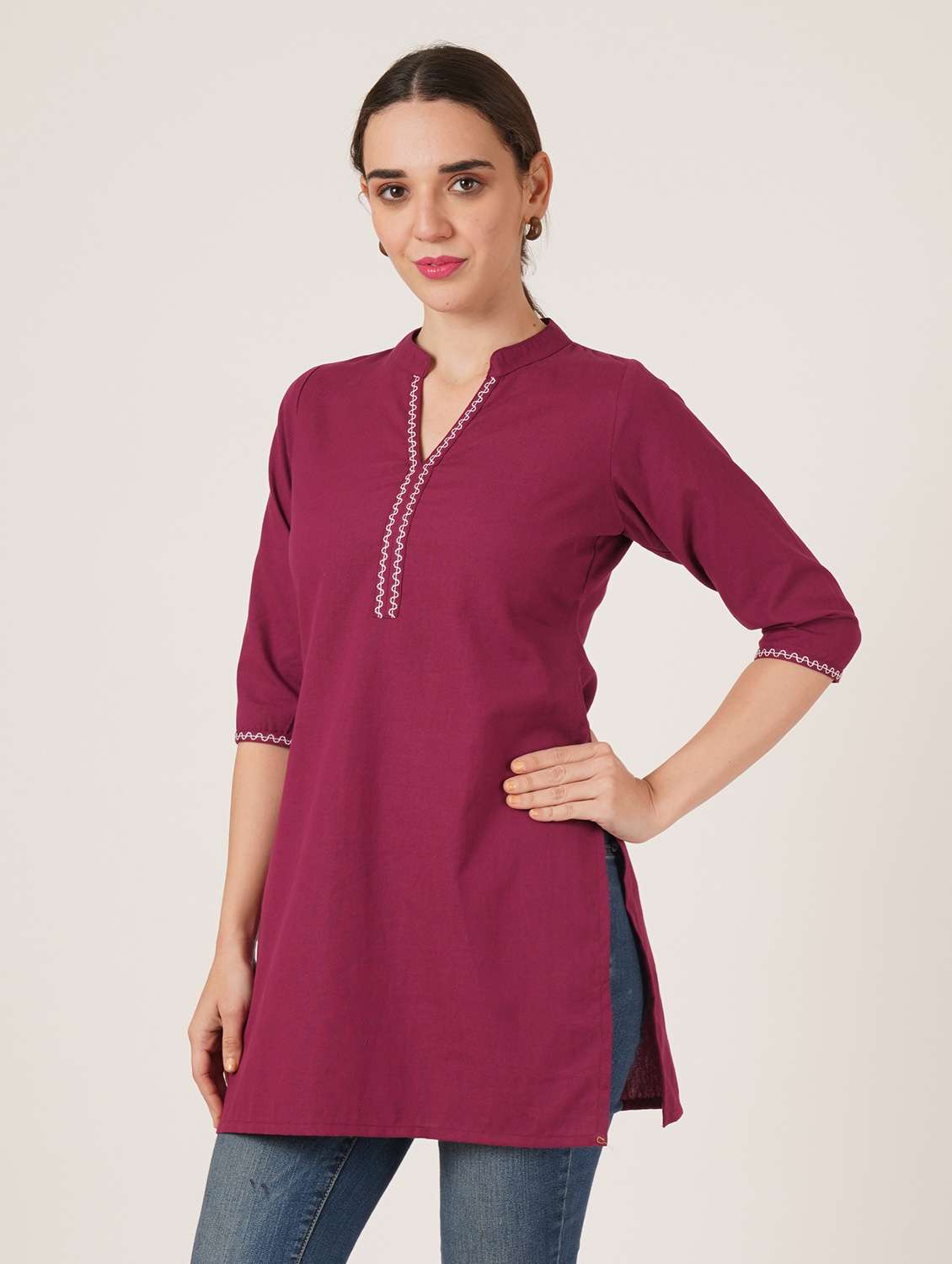 women embroidered three quarter sleeve straight kurti - 22084158 -  Standard Image - 2