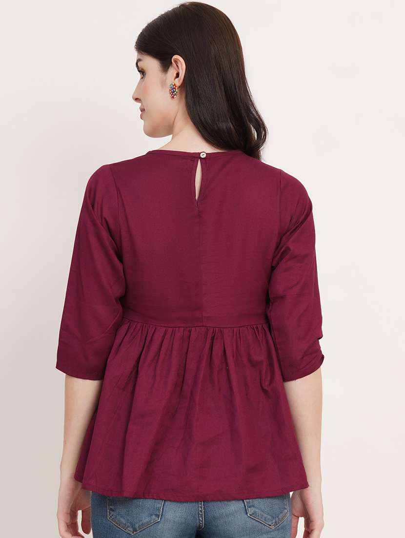 women solid with work round neck ethnic top - 22084168 -  Standard Image - 2