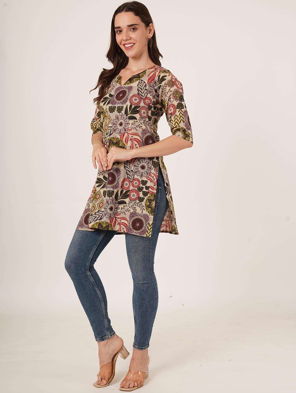 women printed three quarter sleeve straight kurti - 22084170 -  Standard Image - 7