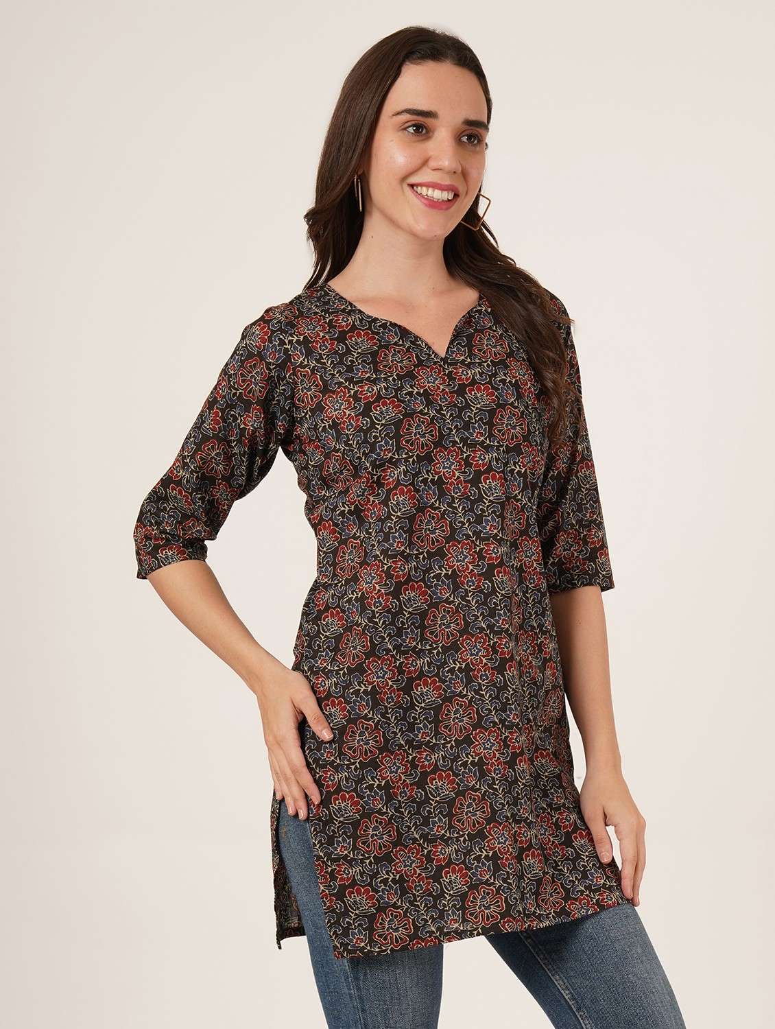 women printed three quarter sleeve straight kurti - 22084171 -  Standard Image - 2