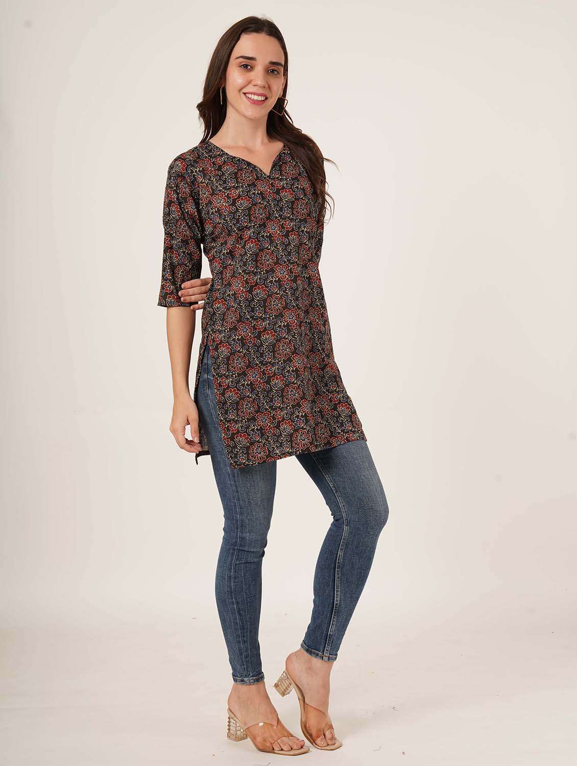 women printed three quarter sleeve straight kurti - 22084171 -  Standard Image - 7