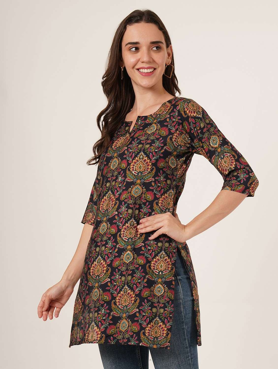 women printed three quarter sleeve straight kurti - 22084175 - Standard Image - 2