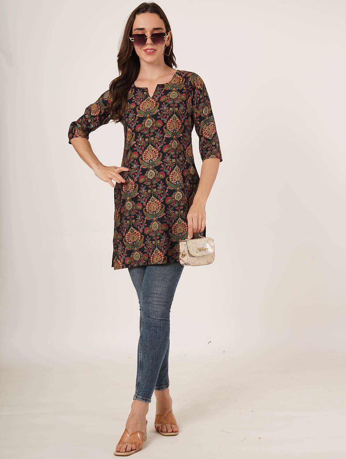 women printed three quarter sleeve straight kurti - 22084175 - Standard Image - 7