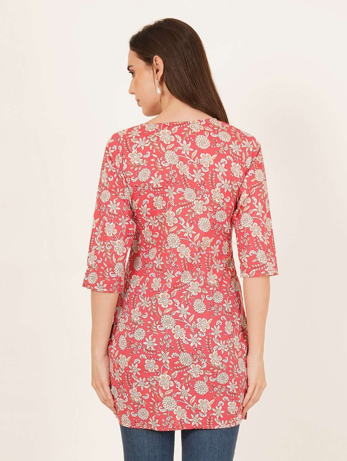 women floral printed three quarter sleeve straight kurti - 22084211 -  Standard Image - 2