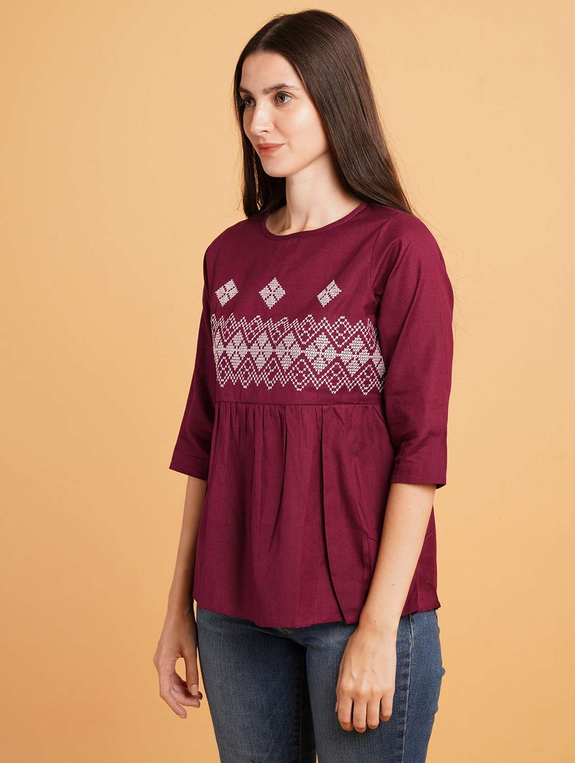 women embroidered three quarter sleeve a-line kurti - 22084218 - Standard Image - 2