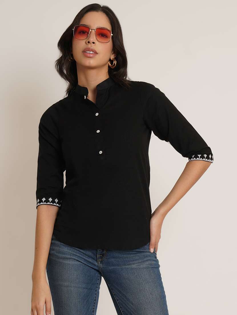 women solid three quarter sleeve staright kurti