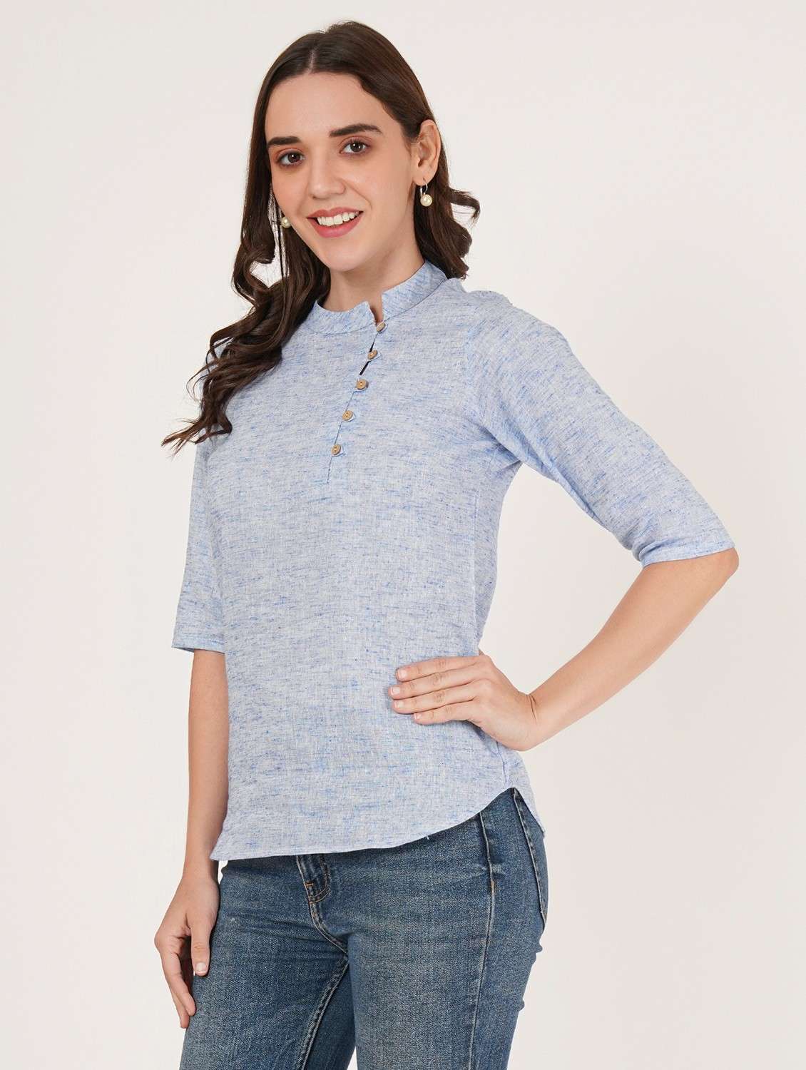women solid mandarin neck three quarter sleeve top