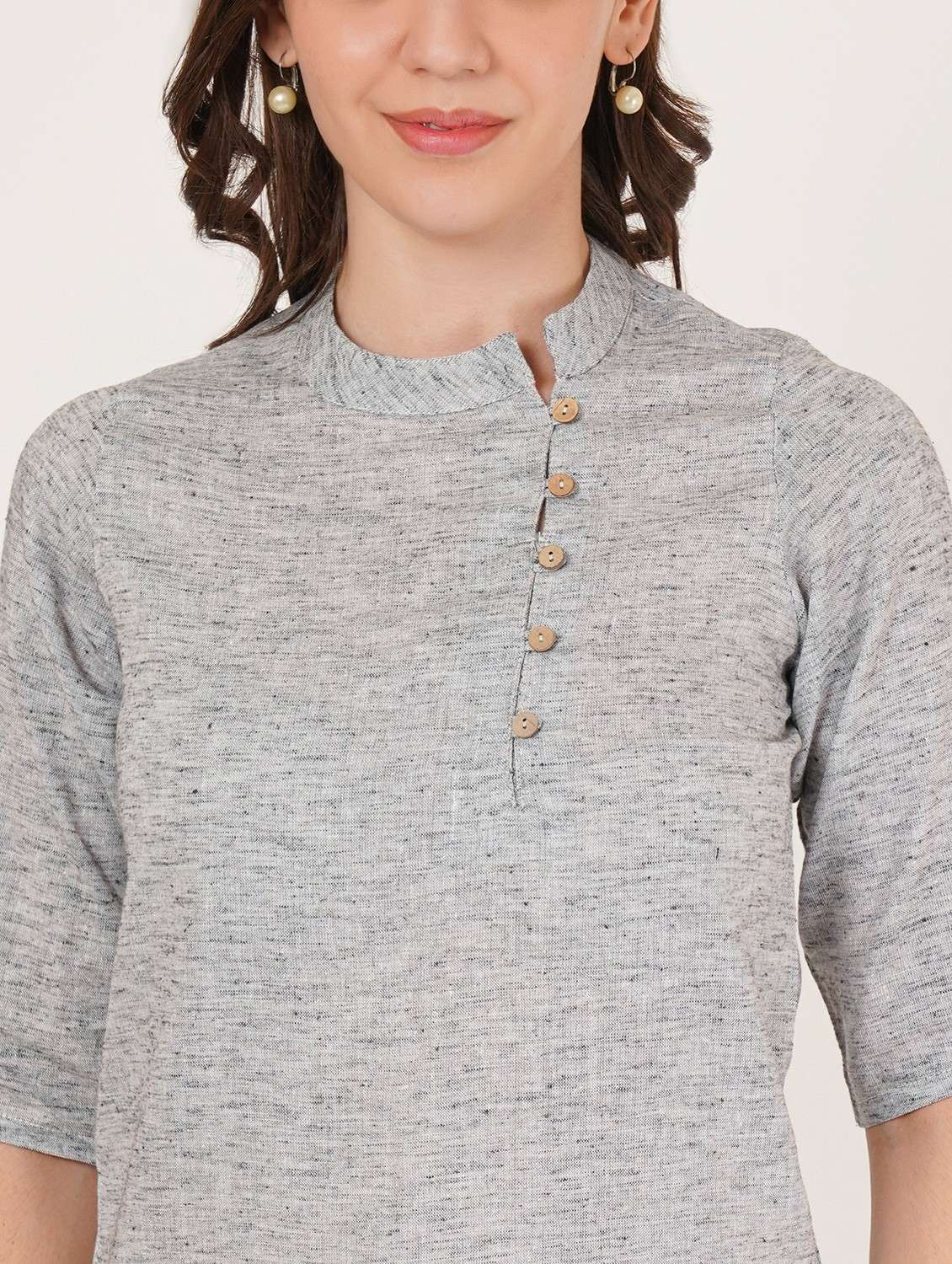 women solid mandarin neck three quarter sleeve top - 22084229 - Standard Image - 2