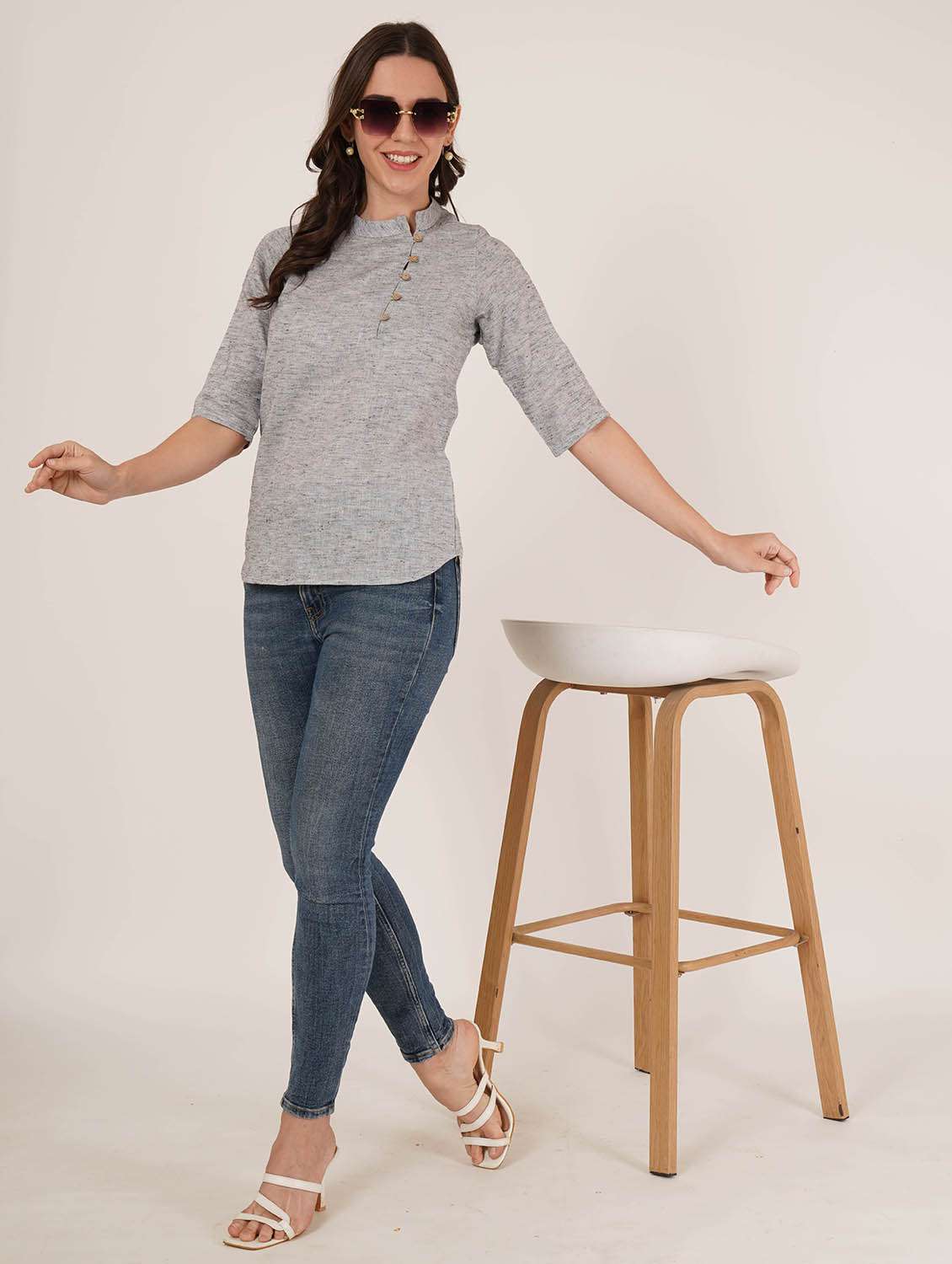 women solid mandarin neck three quarter sleeve top - 22084229 - Standard Image - 7