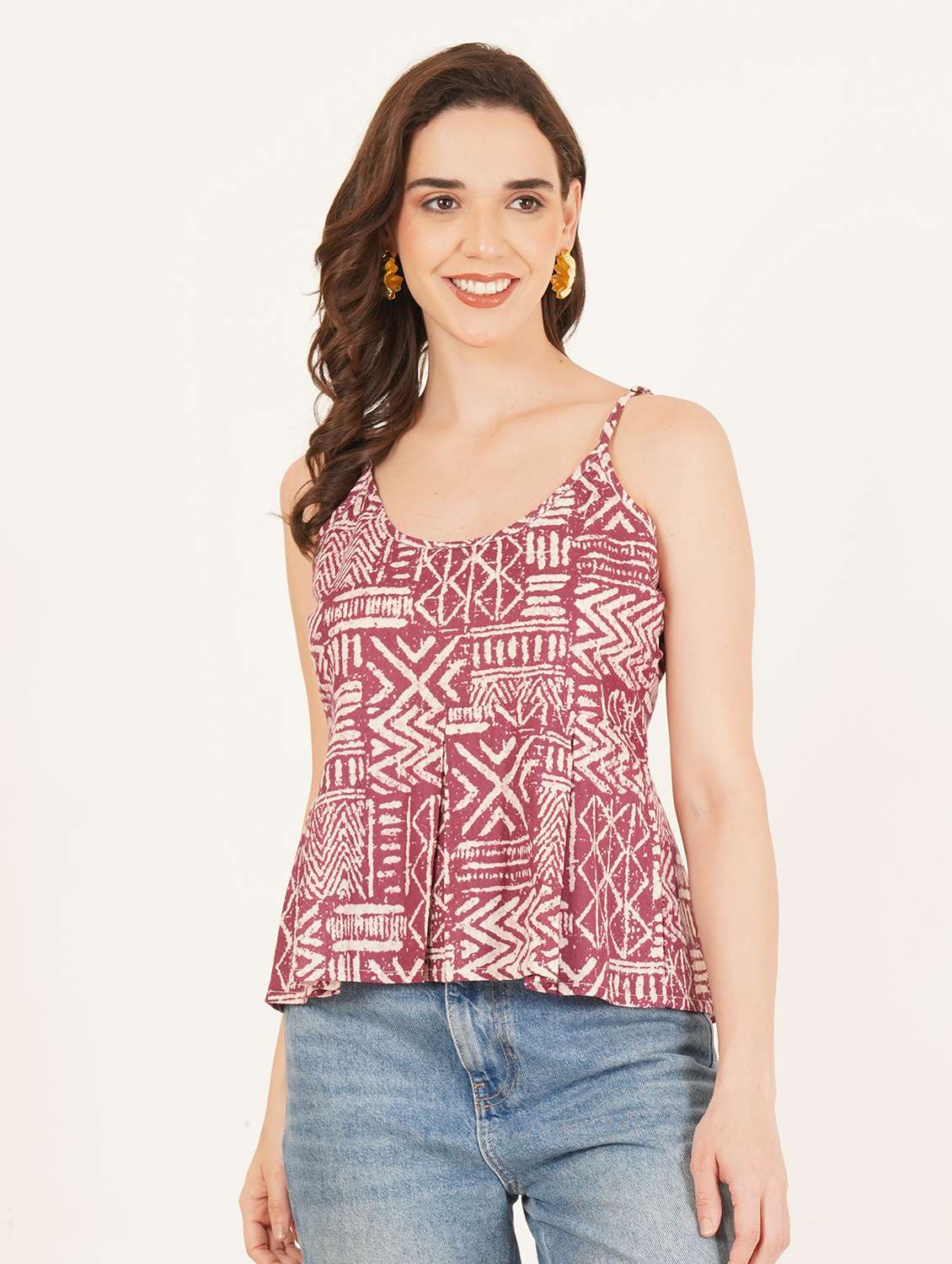 women printed shoulder strap a-line top
