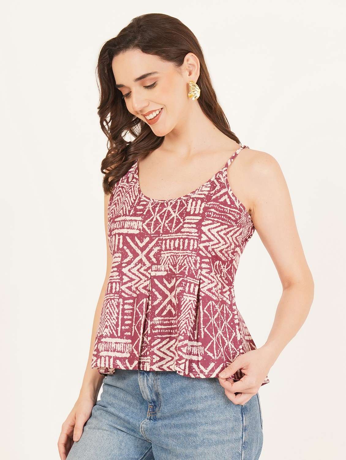 Women Printed Shoulder Strap A Line Top