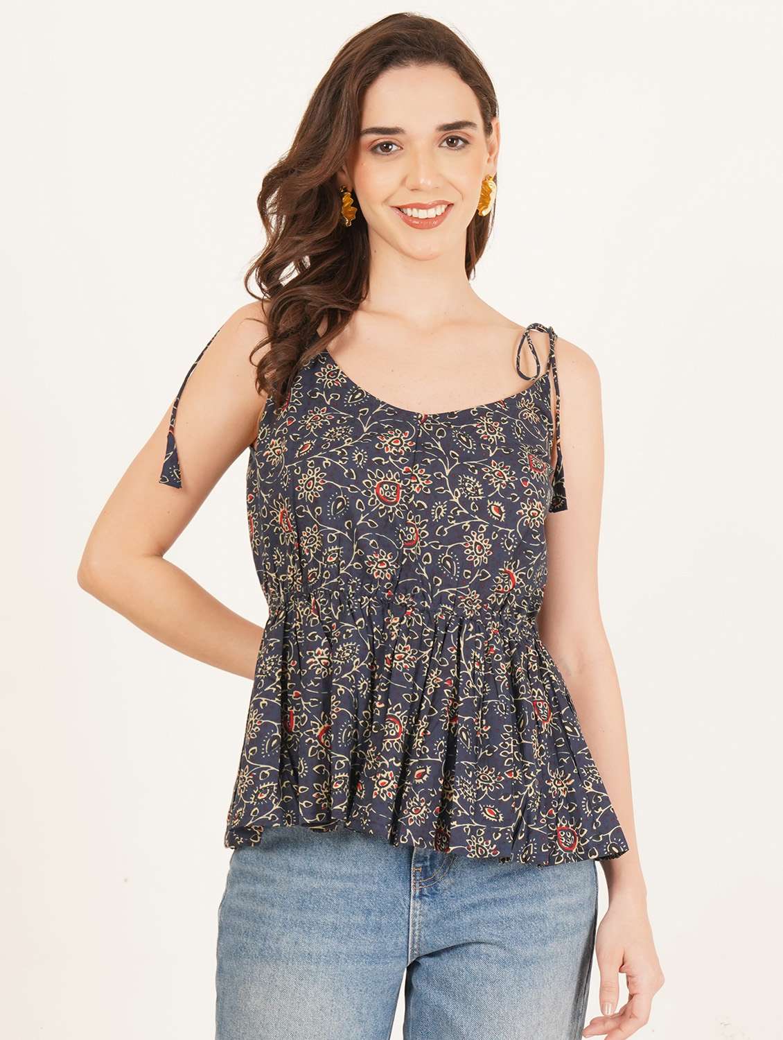 women printed shoulder strap a-line top