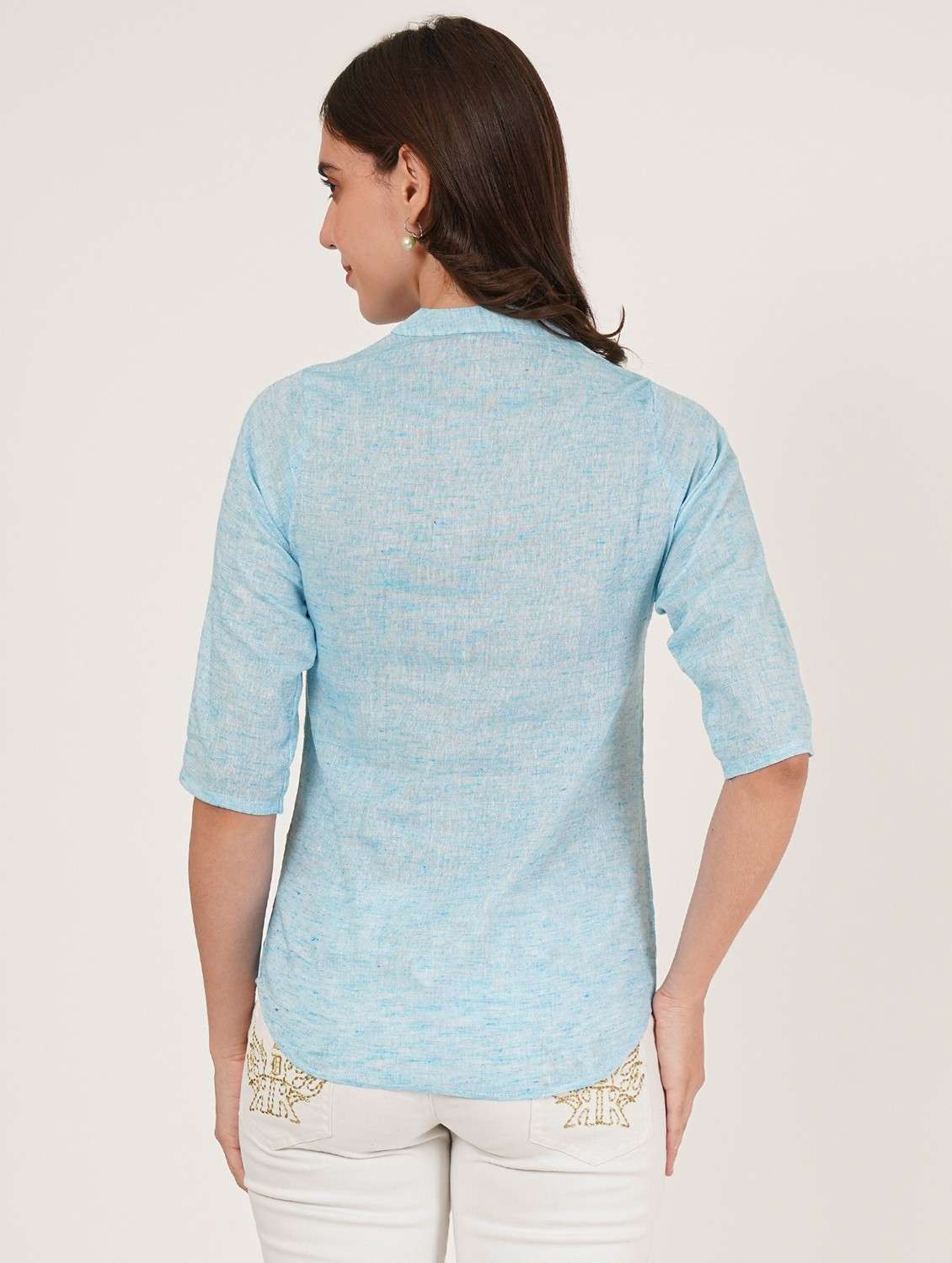 women light blue solid mandarin neck regular top - 22084236 - Standard Image - 2
