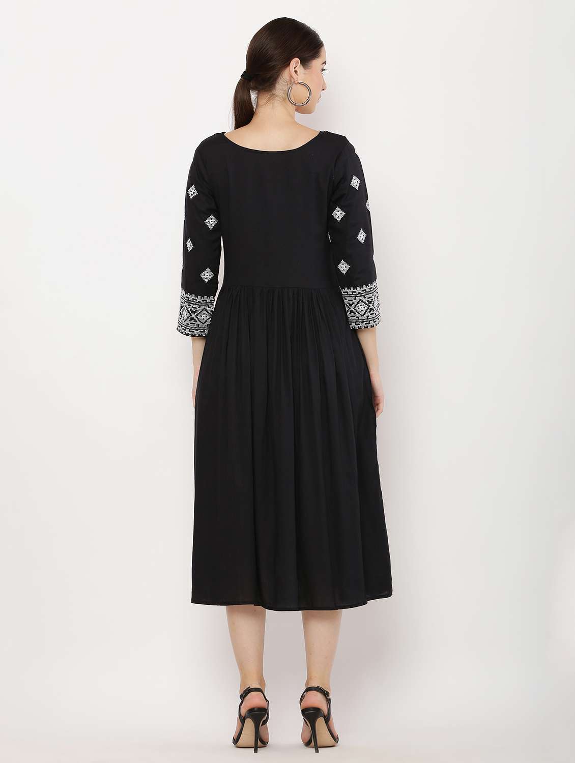 women embroidered three quarter sleeve flared dress - 22084239 - Standard Image - 2