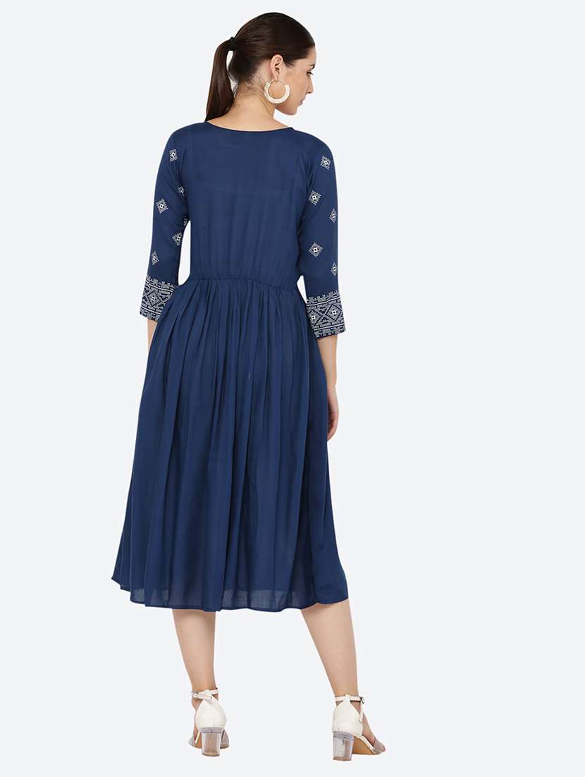 women embroidered three quarter sleeve flared dress - 22084240 - Standard Image - 2