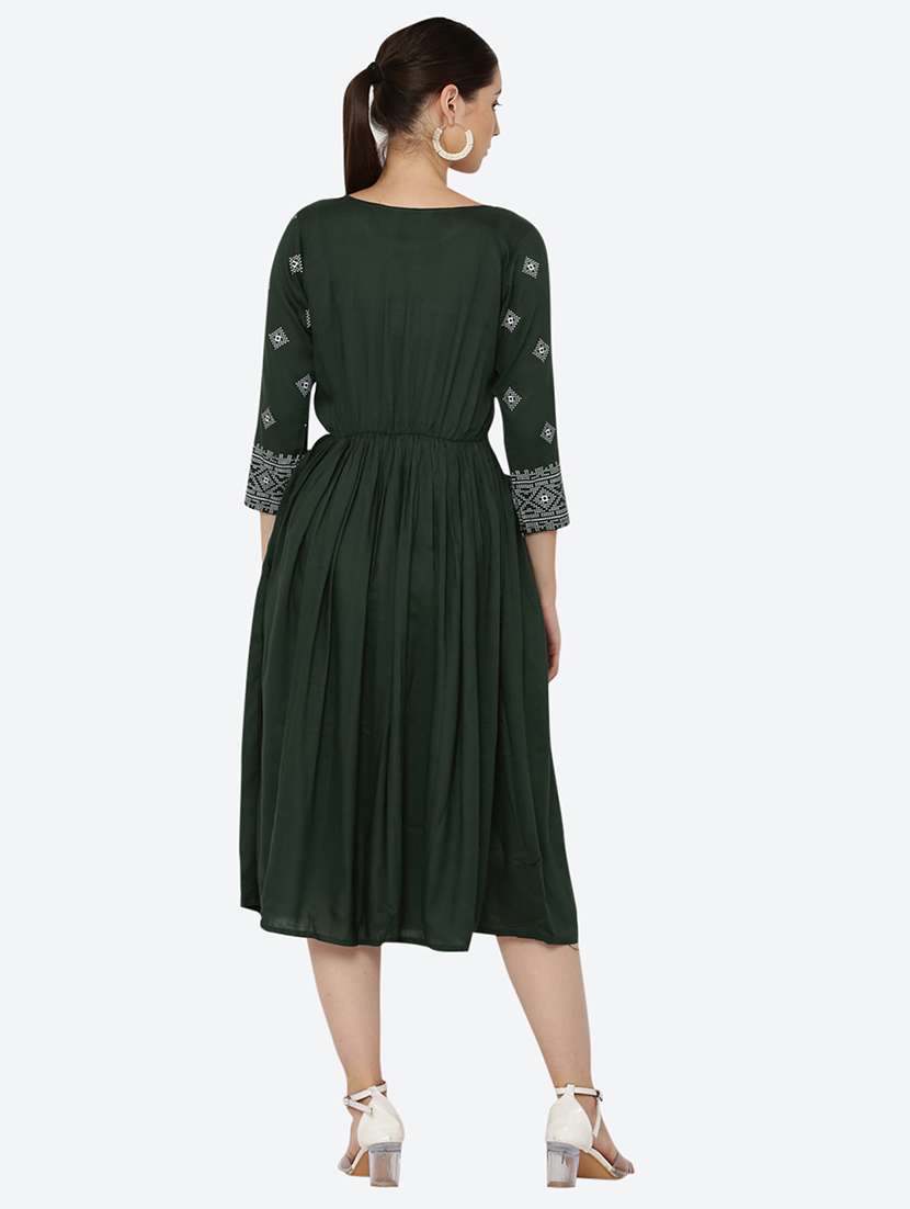 women embroidered three quarter sleeve flared dress - 22084241 - Standard Image - 2