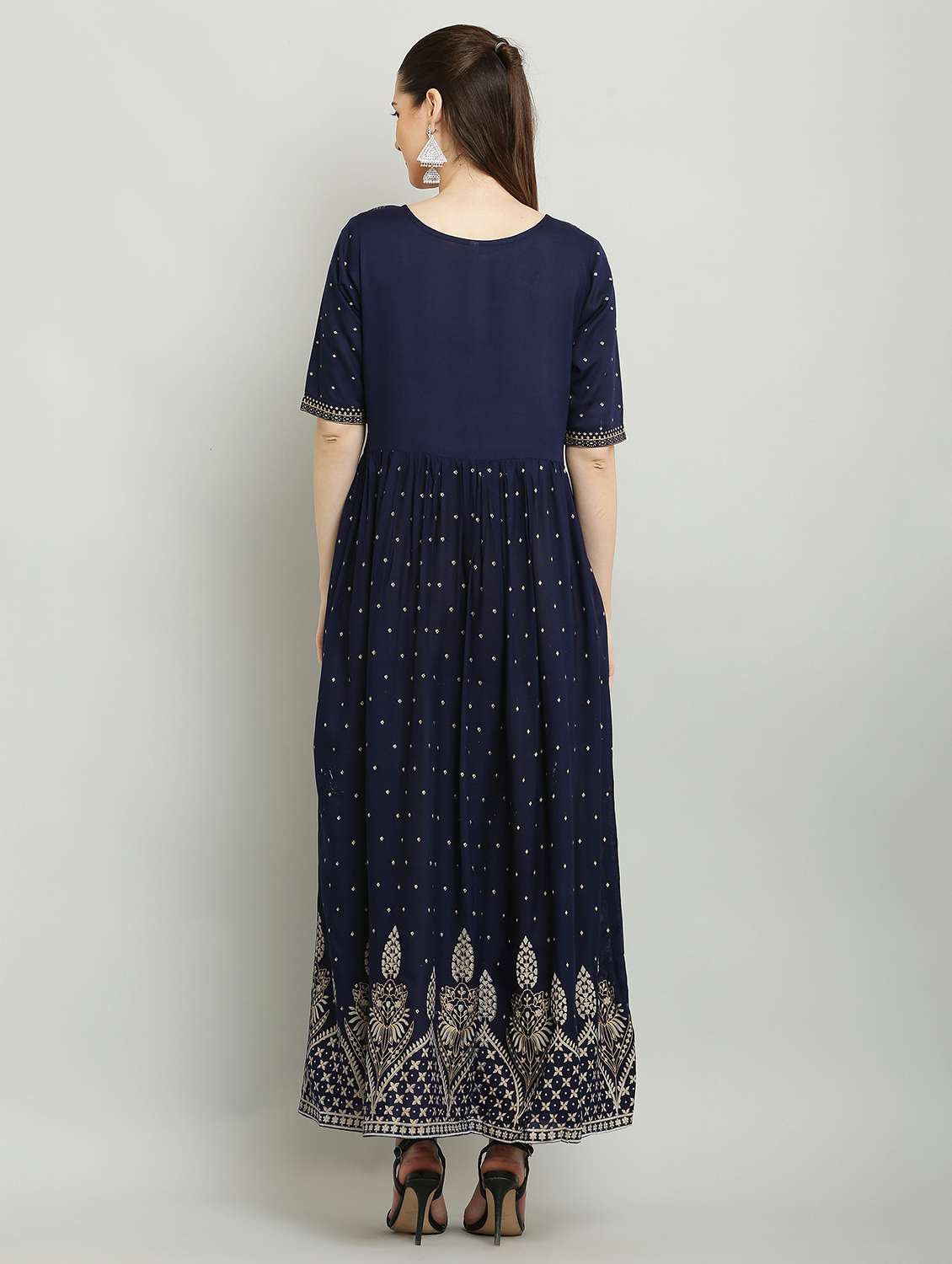 women printed three quarter sleeve a-line dress - 22084244 - Standard Image - 2