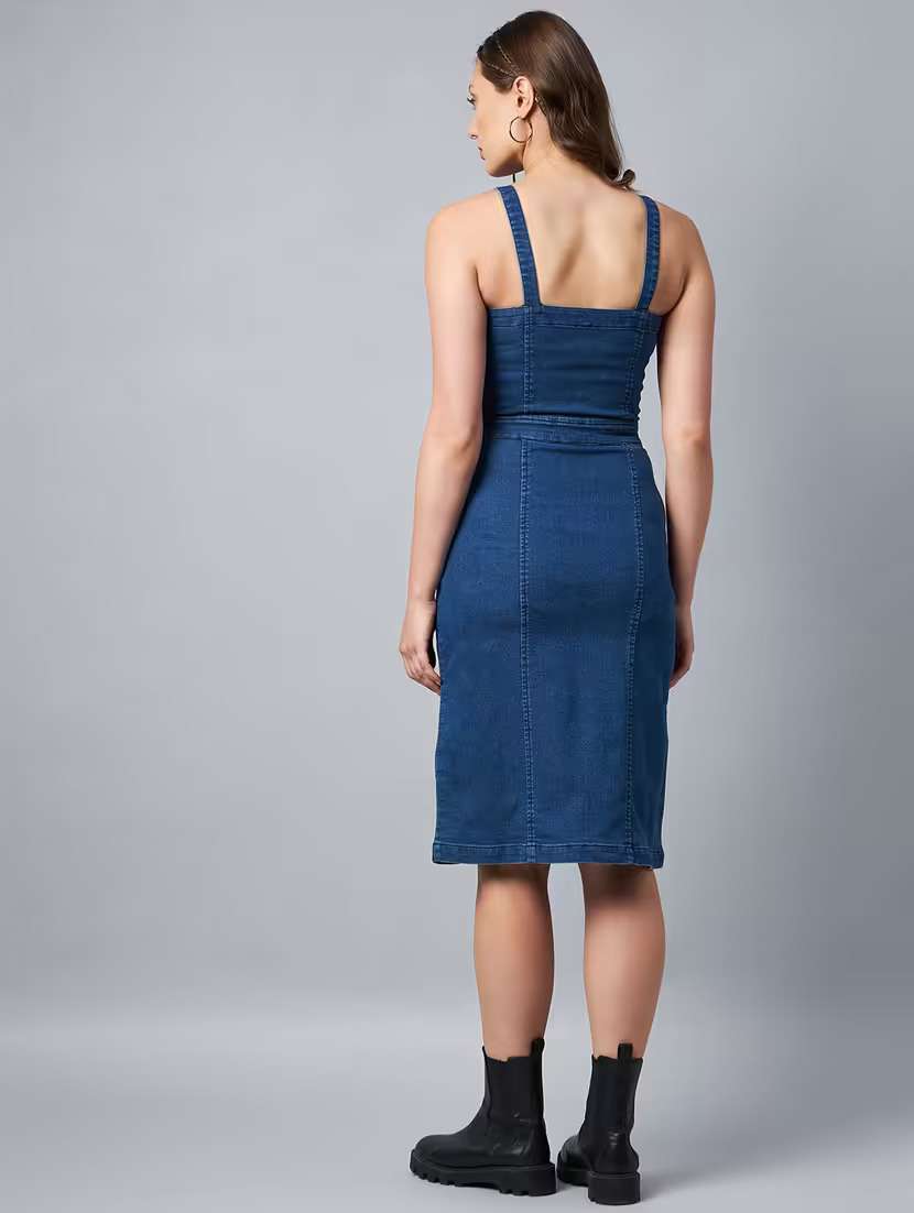 women solid shoulder strap denim bodycon dress - 22084250 -  Standard Image - 2