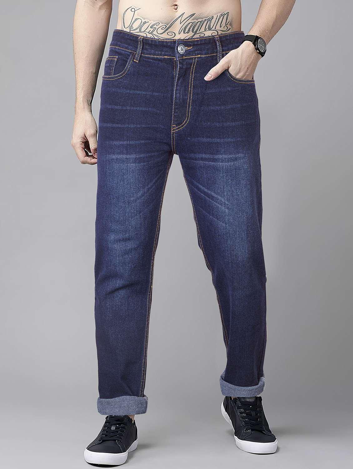 men washed mid rise full length jeans