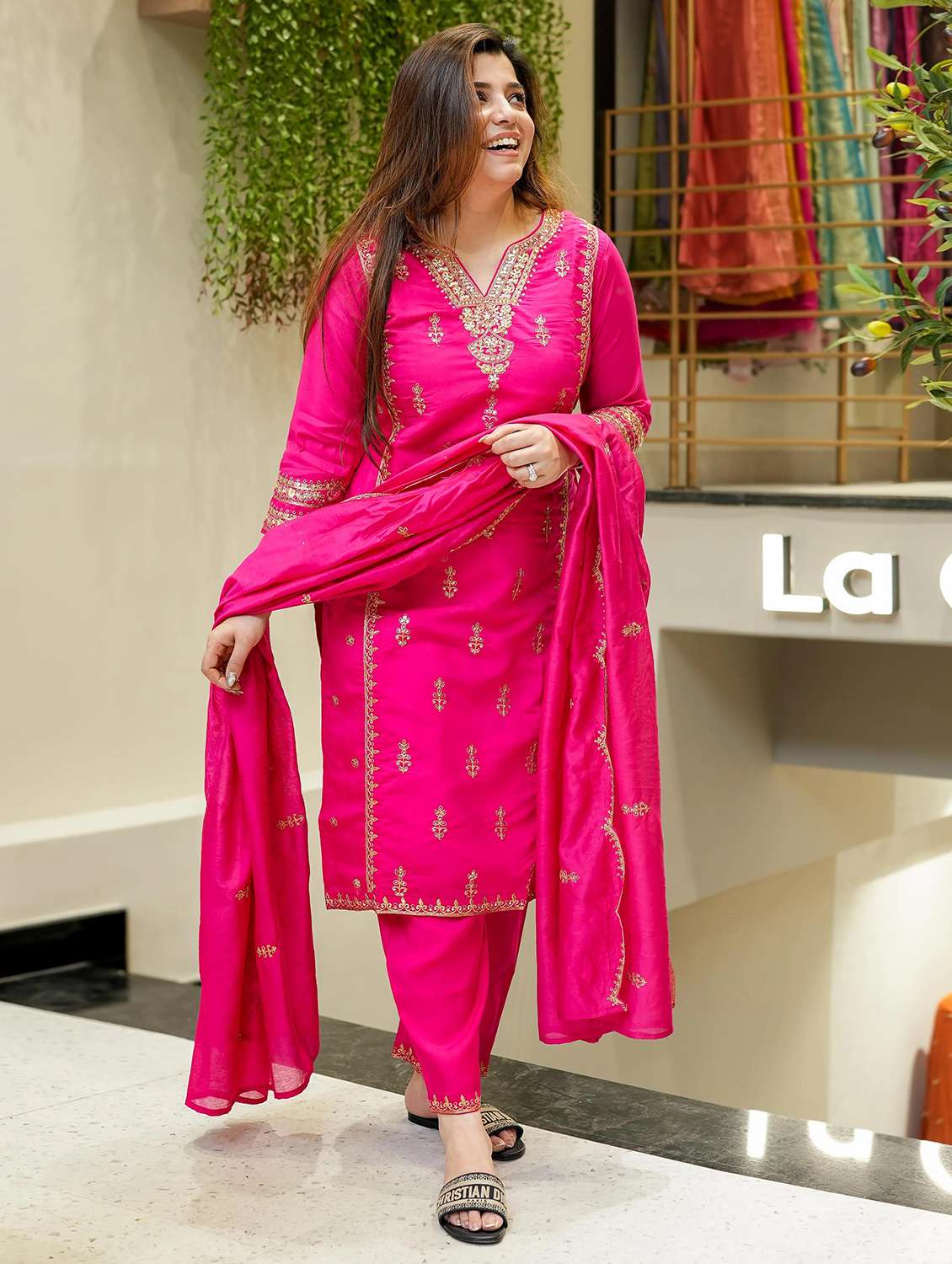 women embroidered three quarter sleeve kurta pant with dupatta set - 22084529 - Standard Image - 2